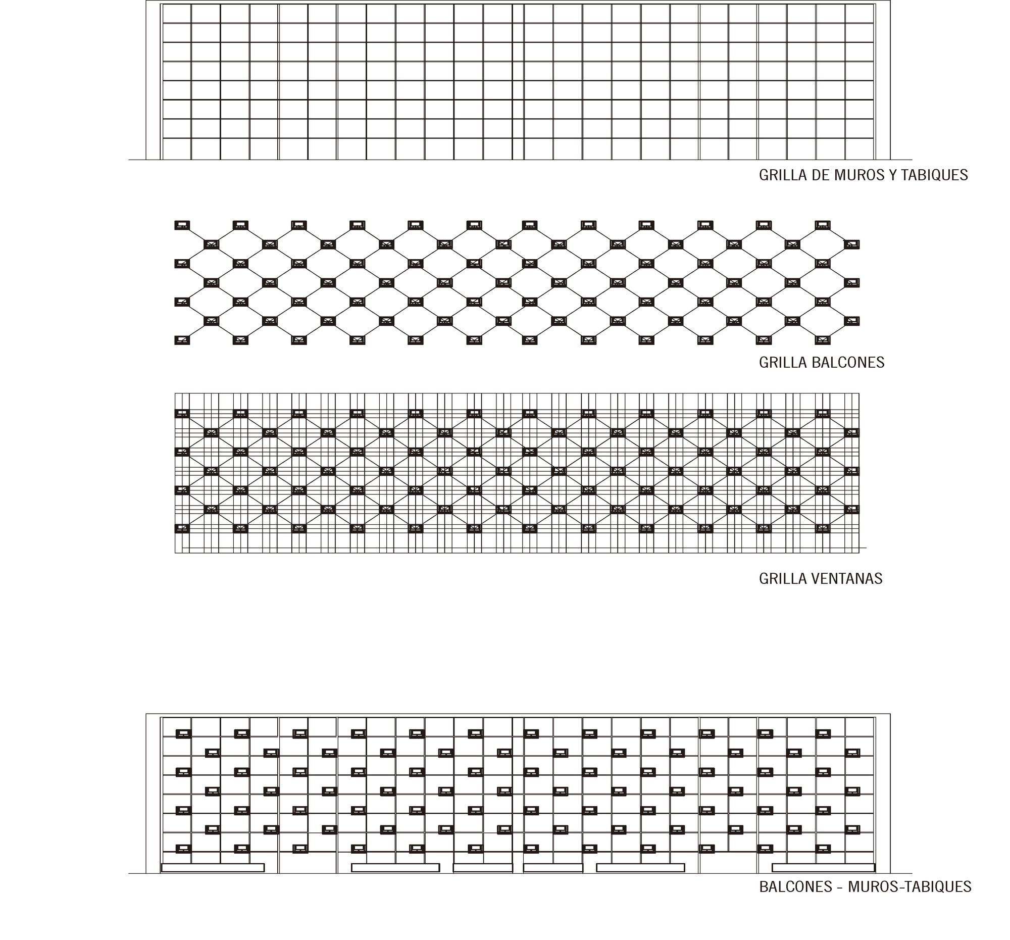 Elevation drawings showing pattern details for wall grilles, balcony grilles, and window grilles in repeating geometric configurations