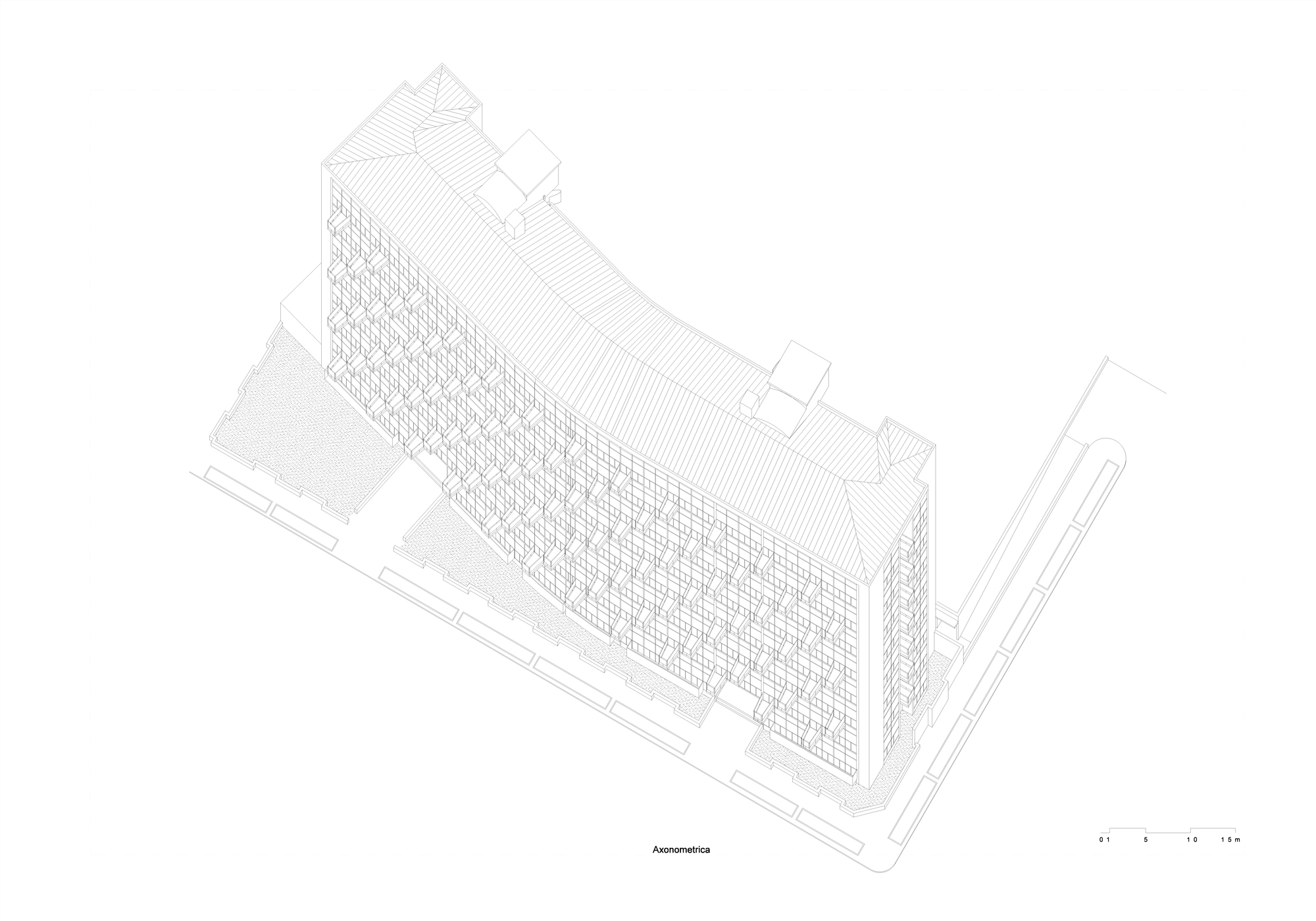 Axonometric site drawing showing the linear building with perforated facade positioned between adjacent streets and structures