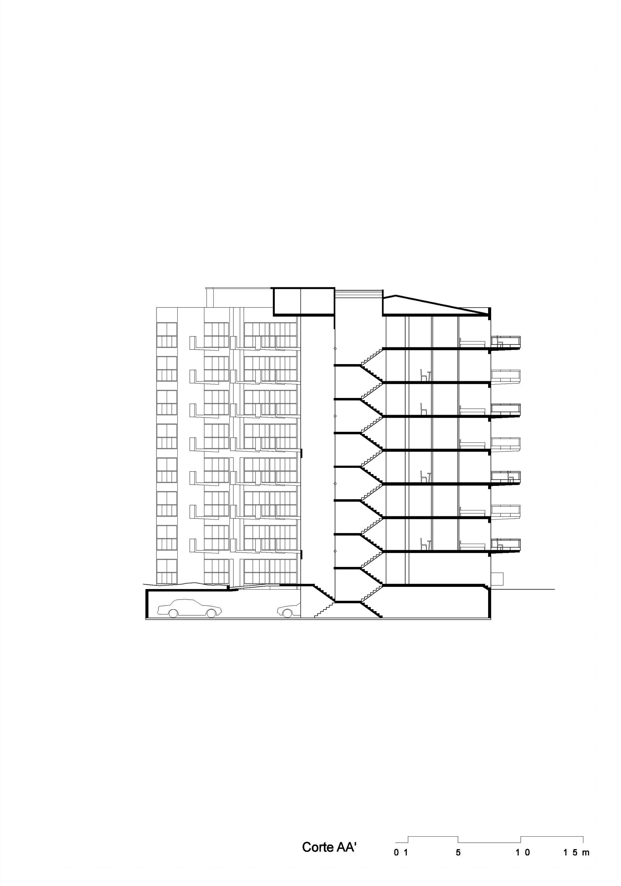 Section drawing showing the multi-story building with protruding balconies and underground parking level with vehicles