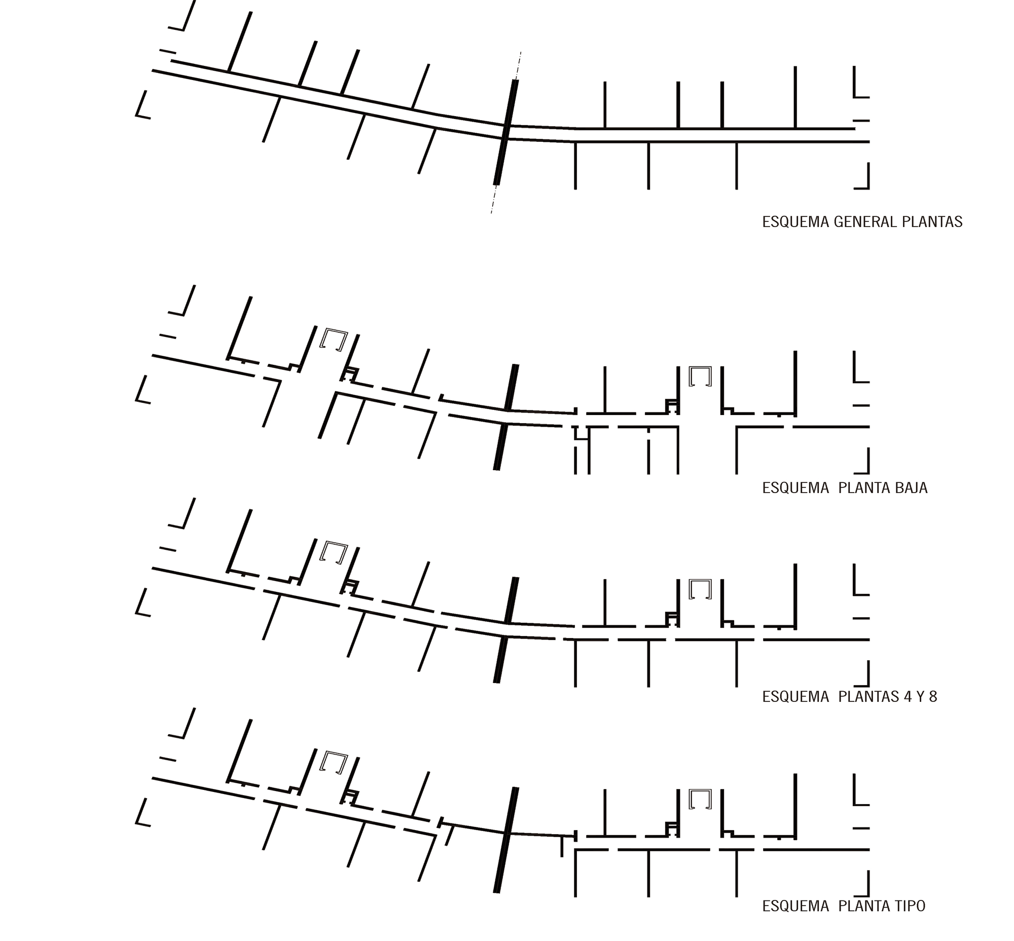 Diagram showing four site plan variations with angled streets and clustered residential units
