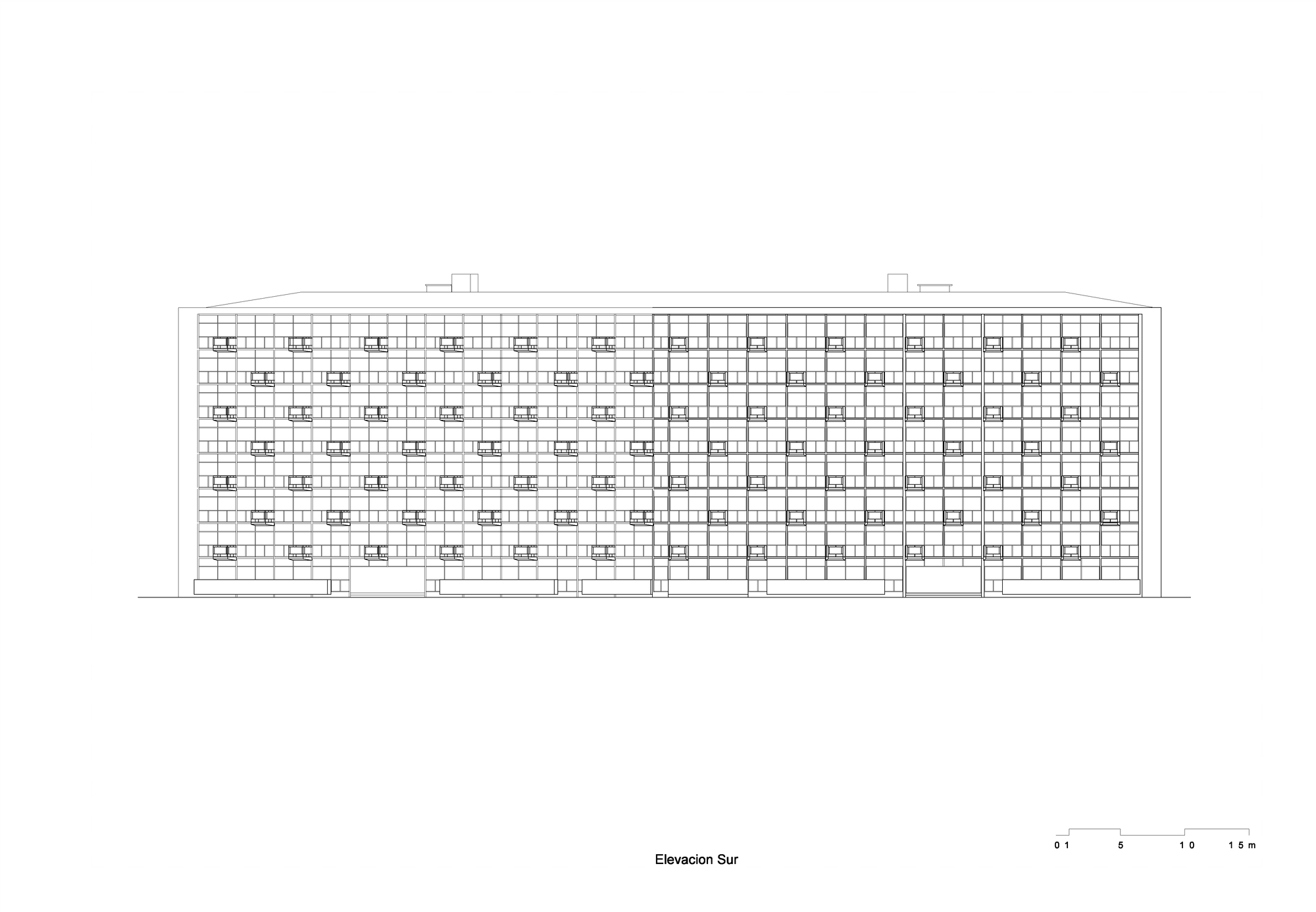 South elevation drawing of a multi-story residential building with repeating window grid