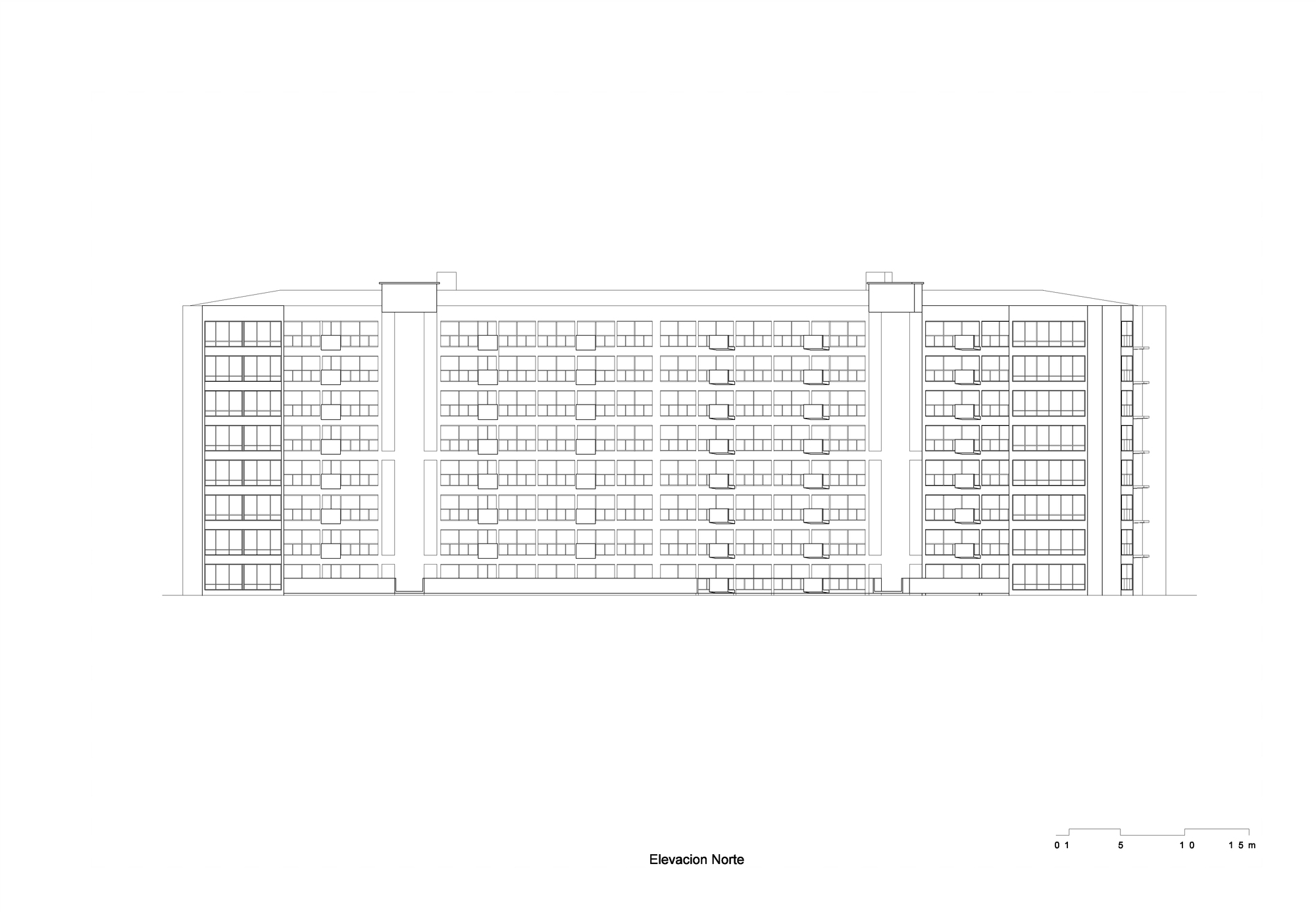 North elevation drawing showing three connected residential blocks with recessed balconies