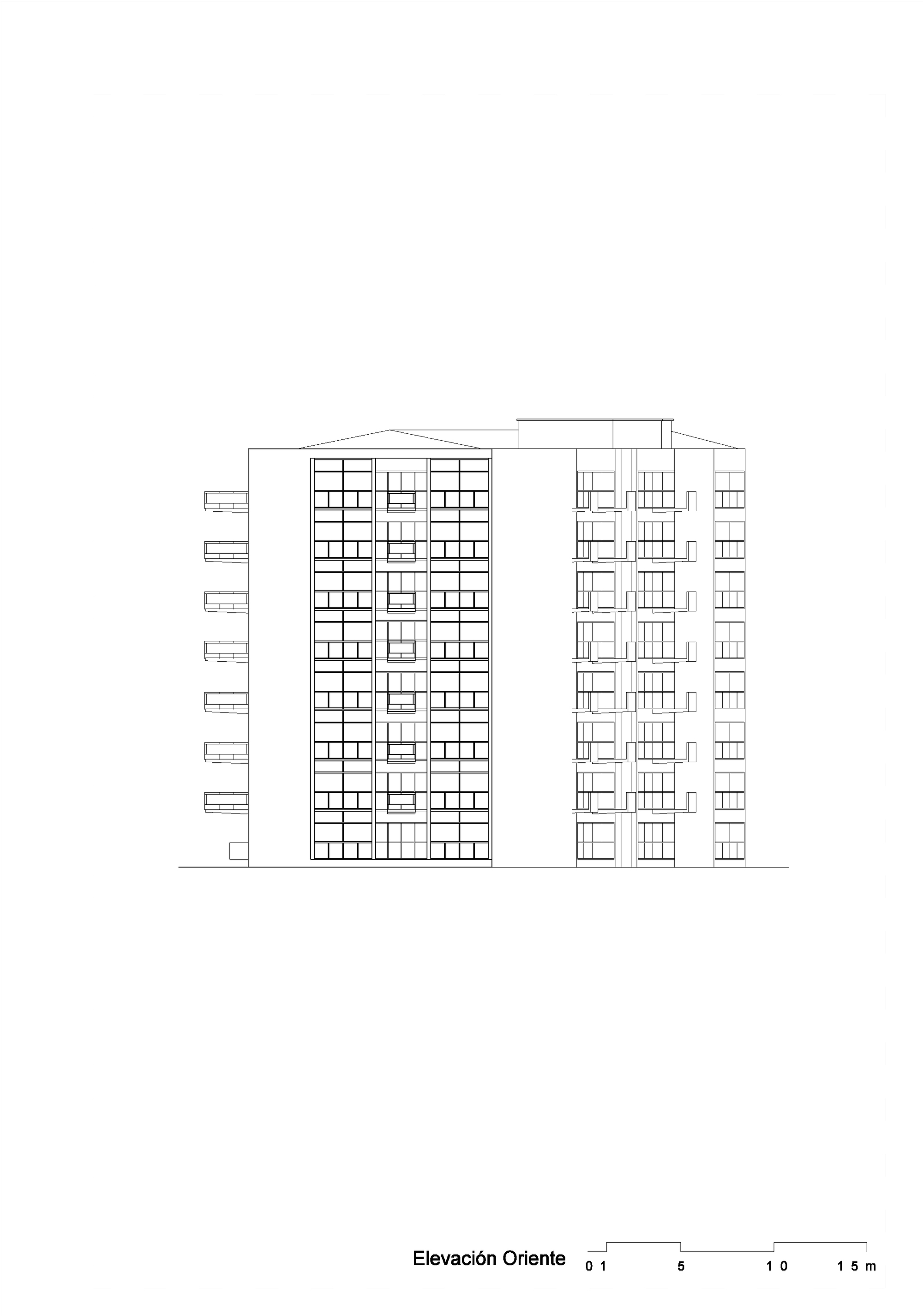 East elevation drawing depicting two residential towers with horizontal balcony bands