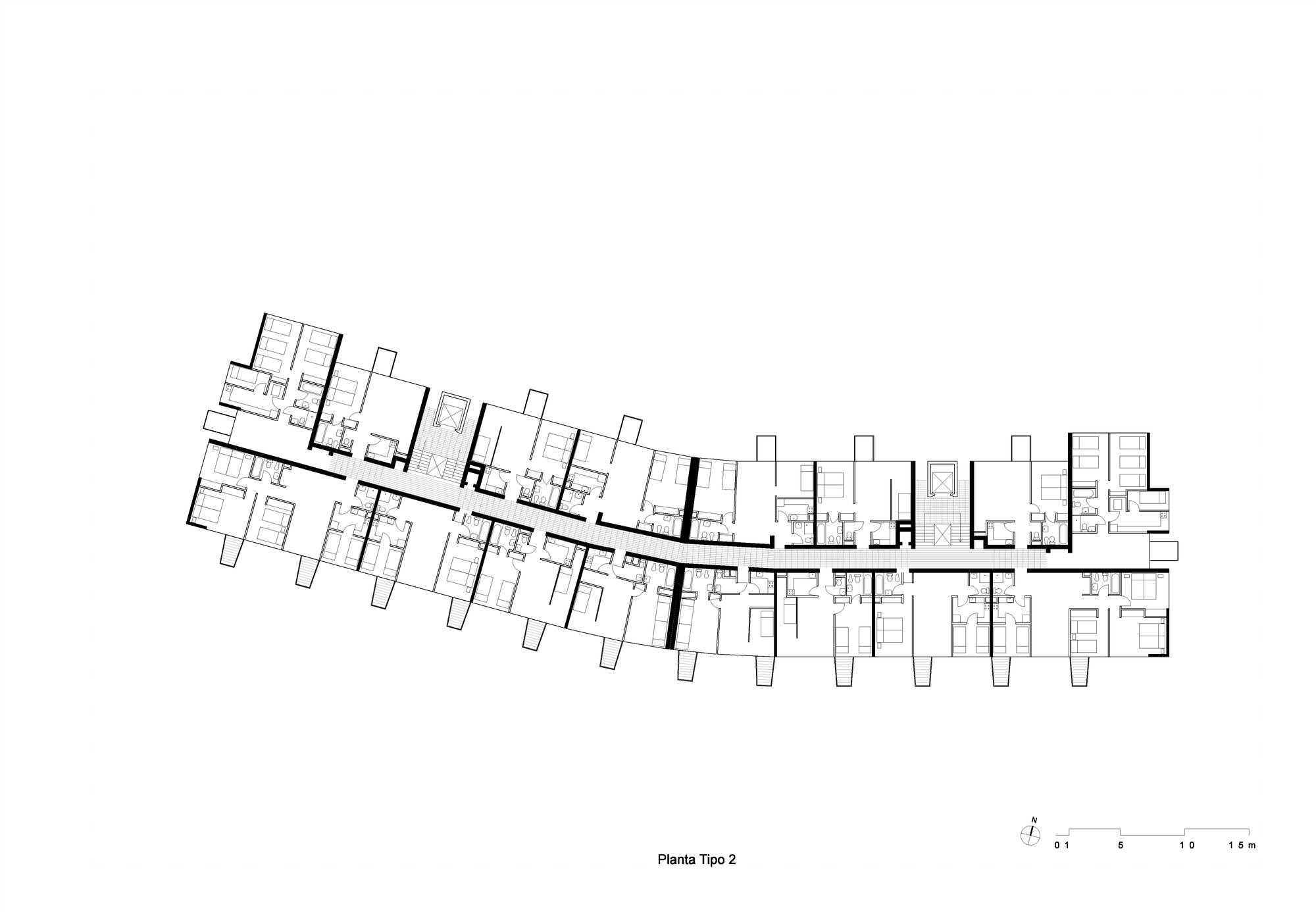 Typical floor plan showing linear corridor with units branching off at angles