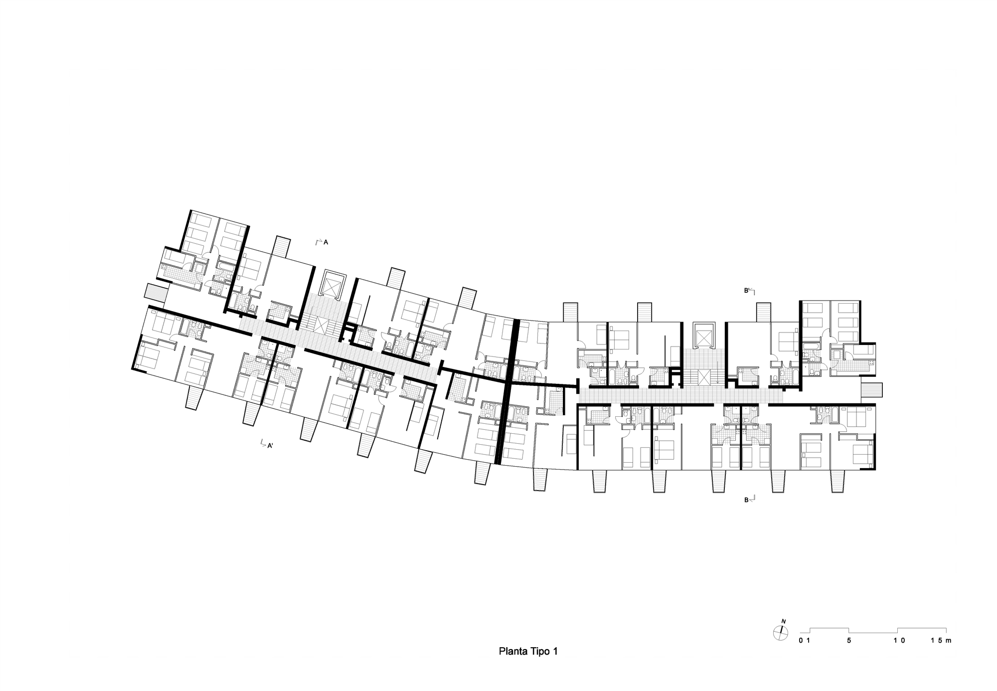 Floor plan drawing showing a linear arrangement of residential units along a central corridor
