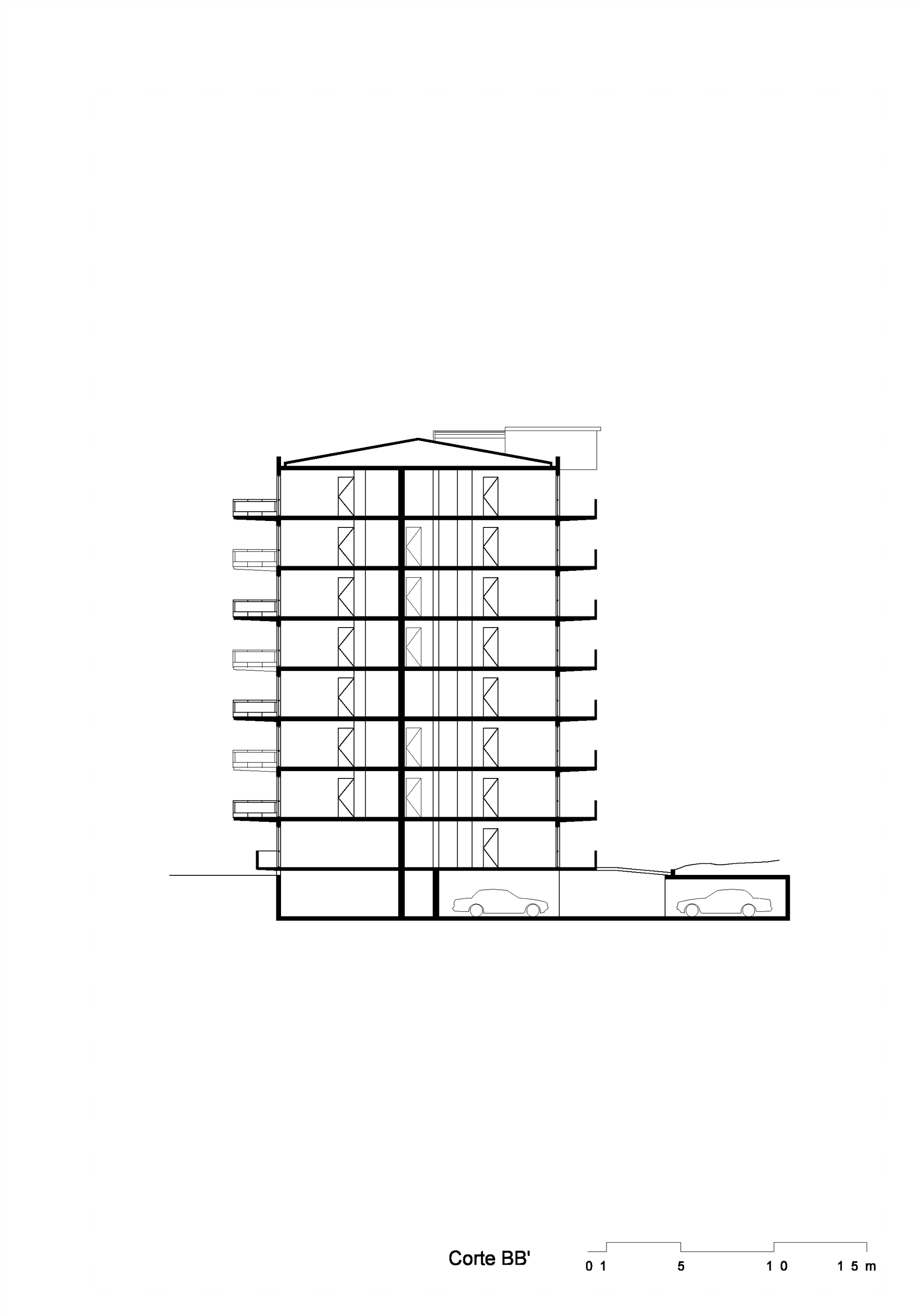 Section drawing depicting an eight-story building with a pitched roof and below-grade parking