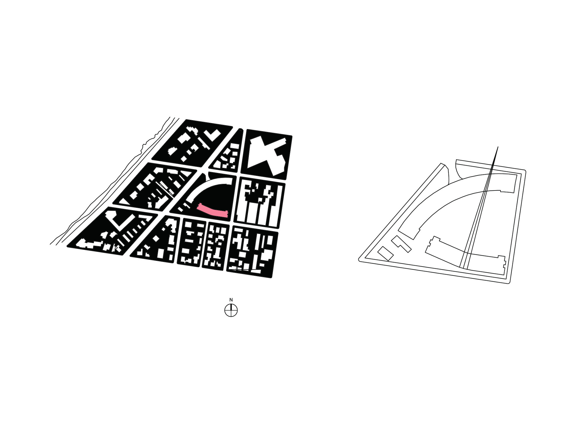 Site plan drawings showing the building footprint within an urban block alongside a curved park