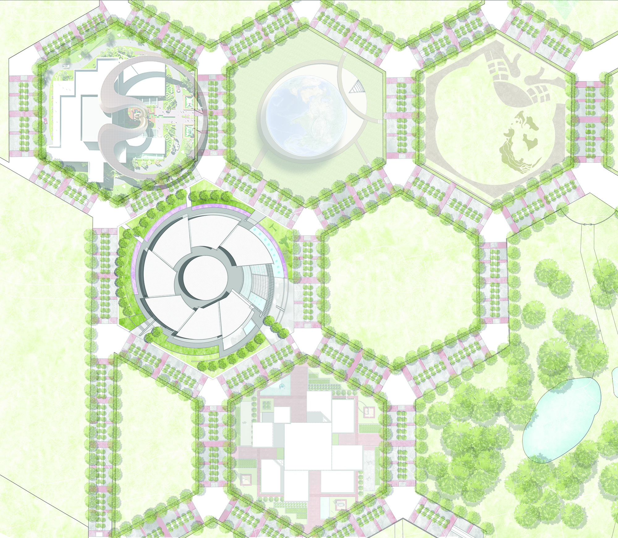 Site plan drawing showing hexagonal pavilions arranged in a honeycomb pattern with landscaped borders