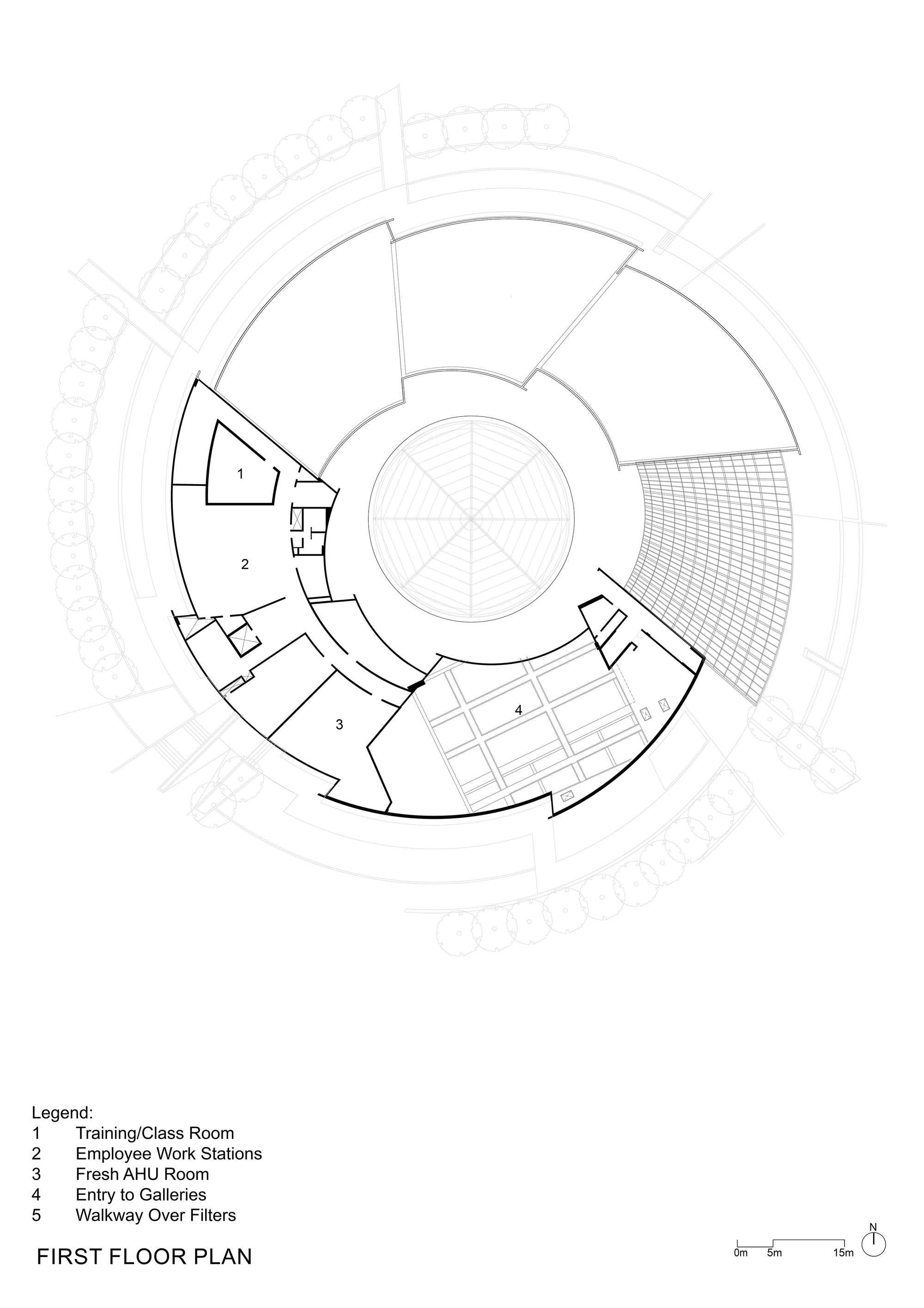 First floor plan drawing of a circular building with radiating programmatic zones around a central atrium