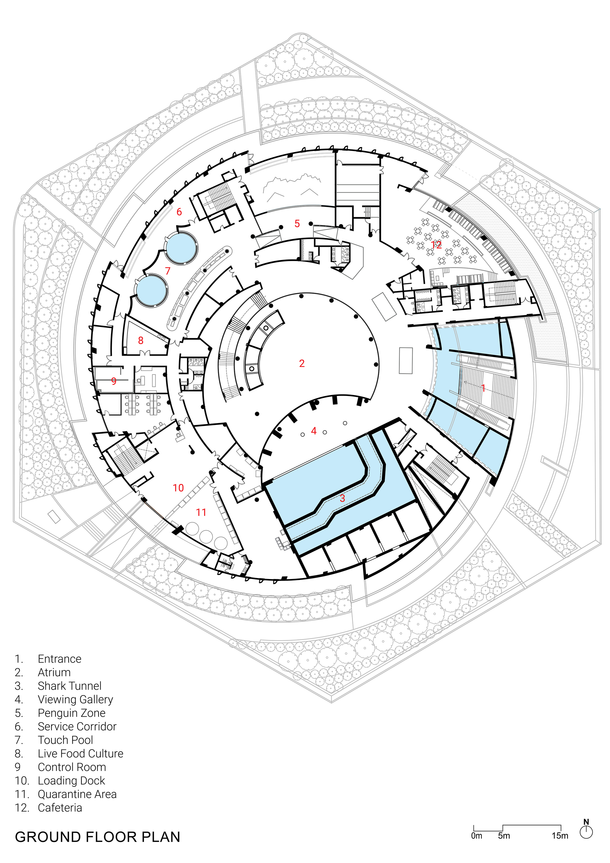 Ground floor plan drawing showing curved circulation paths and aquatic exhibit pools within hexagonal perimeter walls