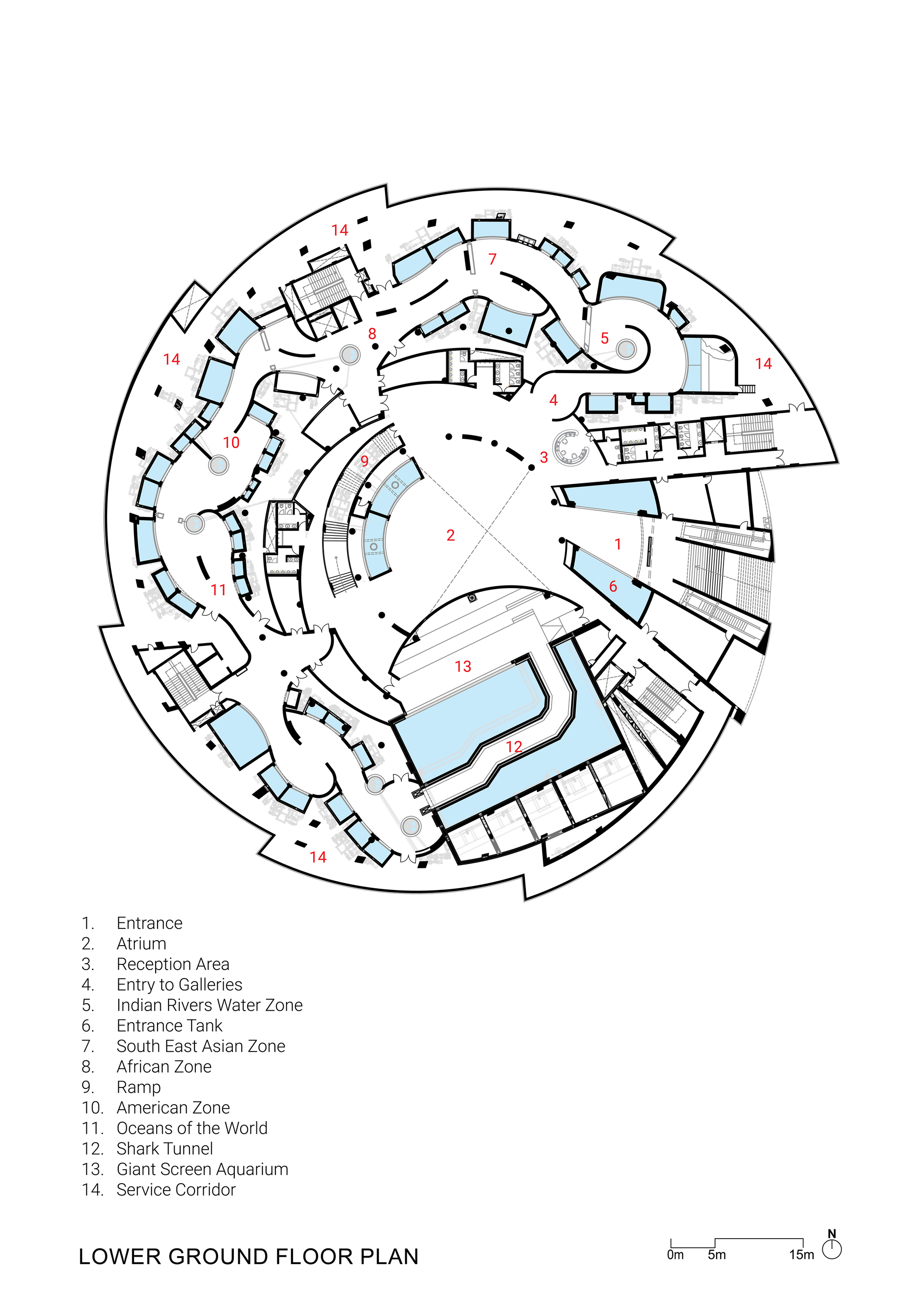 Lower ground floor plan drawing revealing spiraling gallery arrangement with water features and labeled exhibit zones