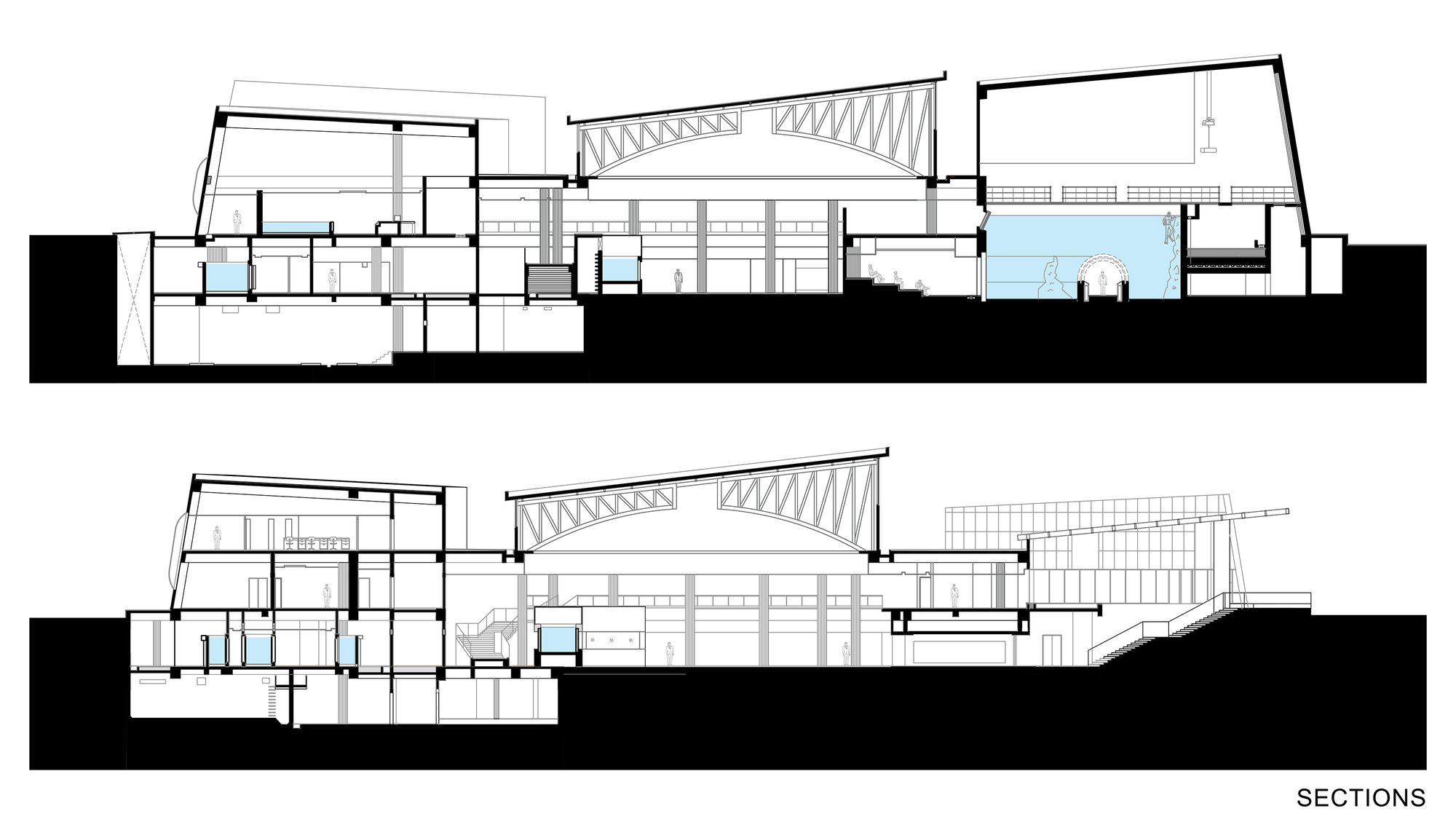 Section drawings showing multilevel interior spaces with aquarium tanks and structural truss spanning above
