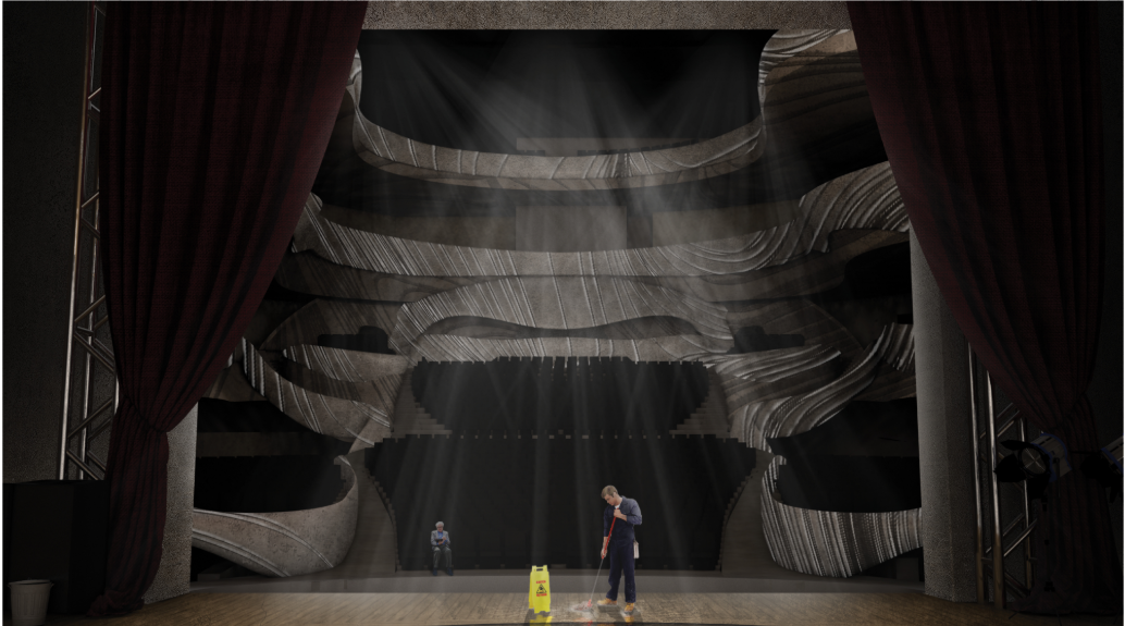 Interior rendering of a performance space with layered ribbon-like surfaces and two figures on stage