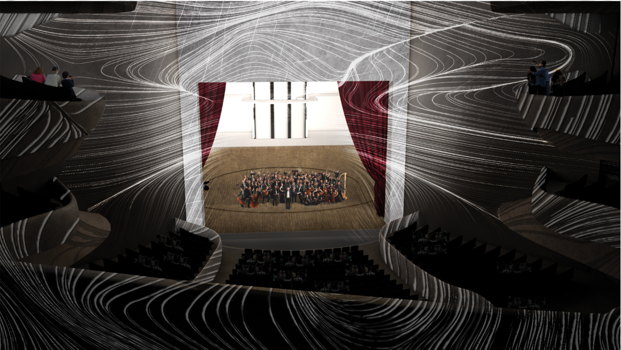 View from auditorium seating toward the stage with an orchestra and striped ribbon ceiling surfaces overhead