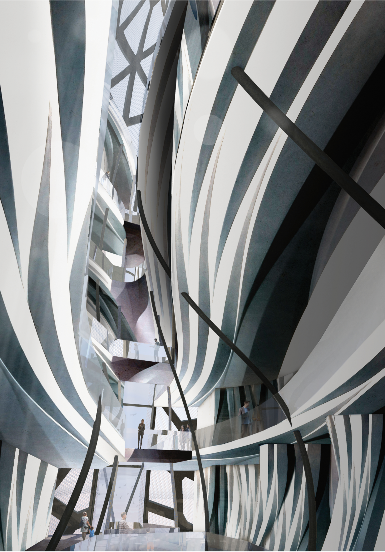 Model photograph looking up through a multi-story atrium with curving white walls and diagonal black structural members