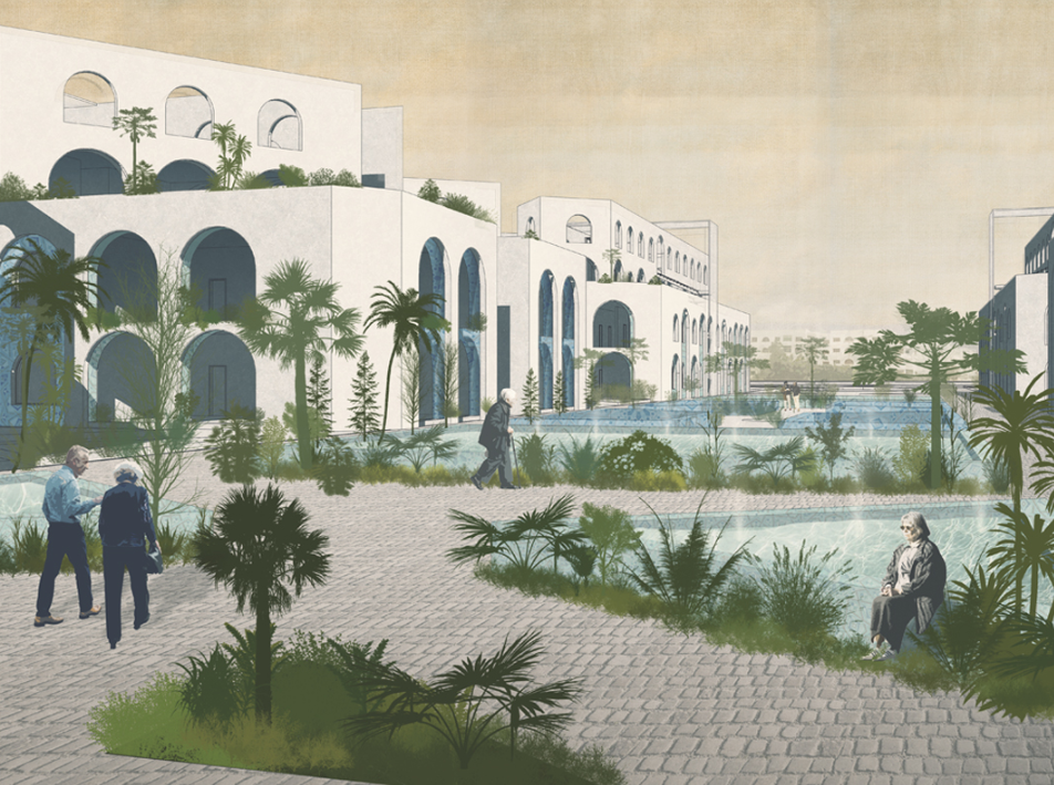 Landscaped pedestrian spaces encourage movement, interaction, and relaxation