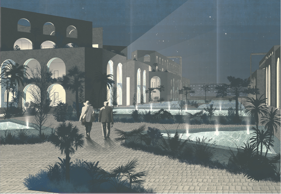 Night view highlighting illuminated arcades and communal water gardens
