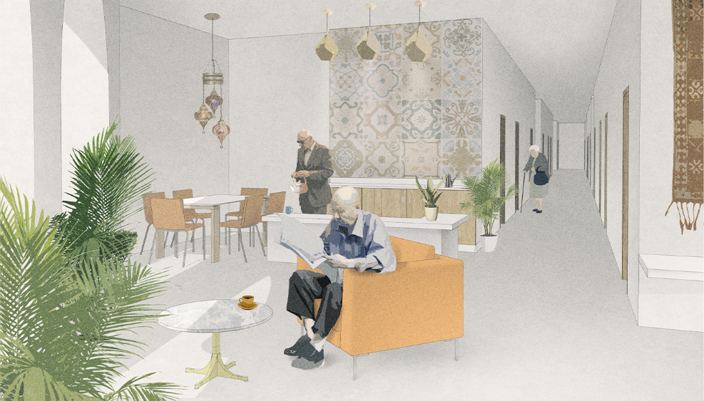Shared interior lounges create comfortable spaces for everyday social life