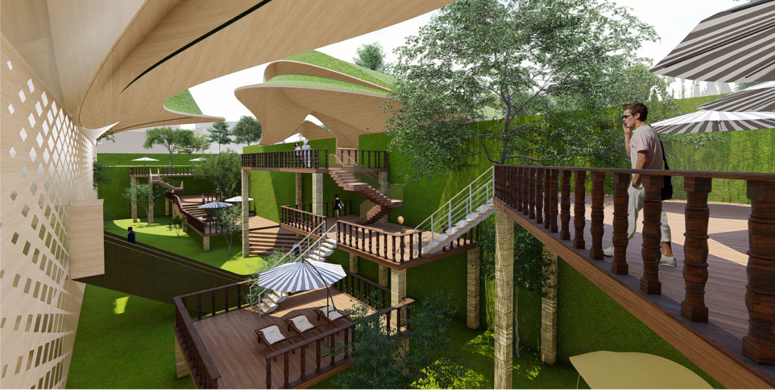 Layered wooden decks create a calm green retreat within the rain garden library.