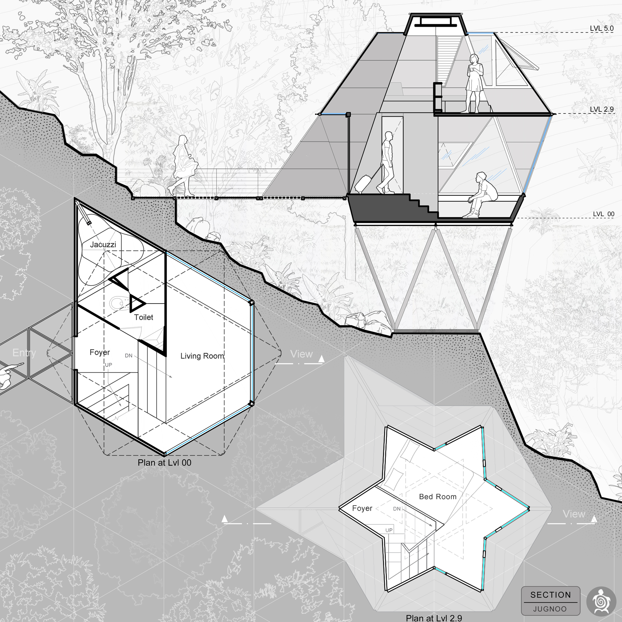 Section drawing illustrating multi-level hexagonal units stepping down a sloped terrain with figures