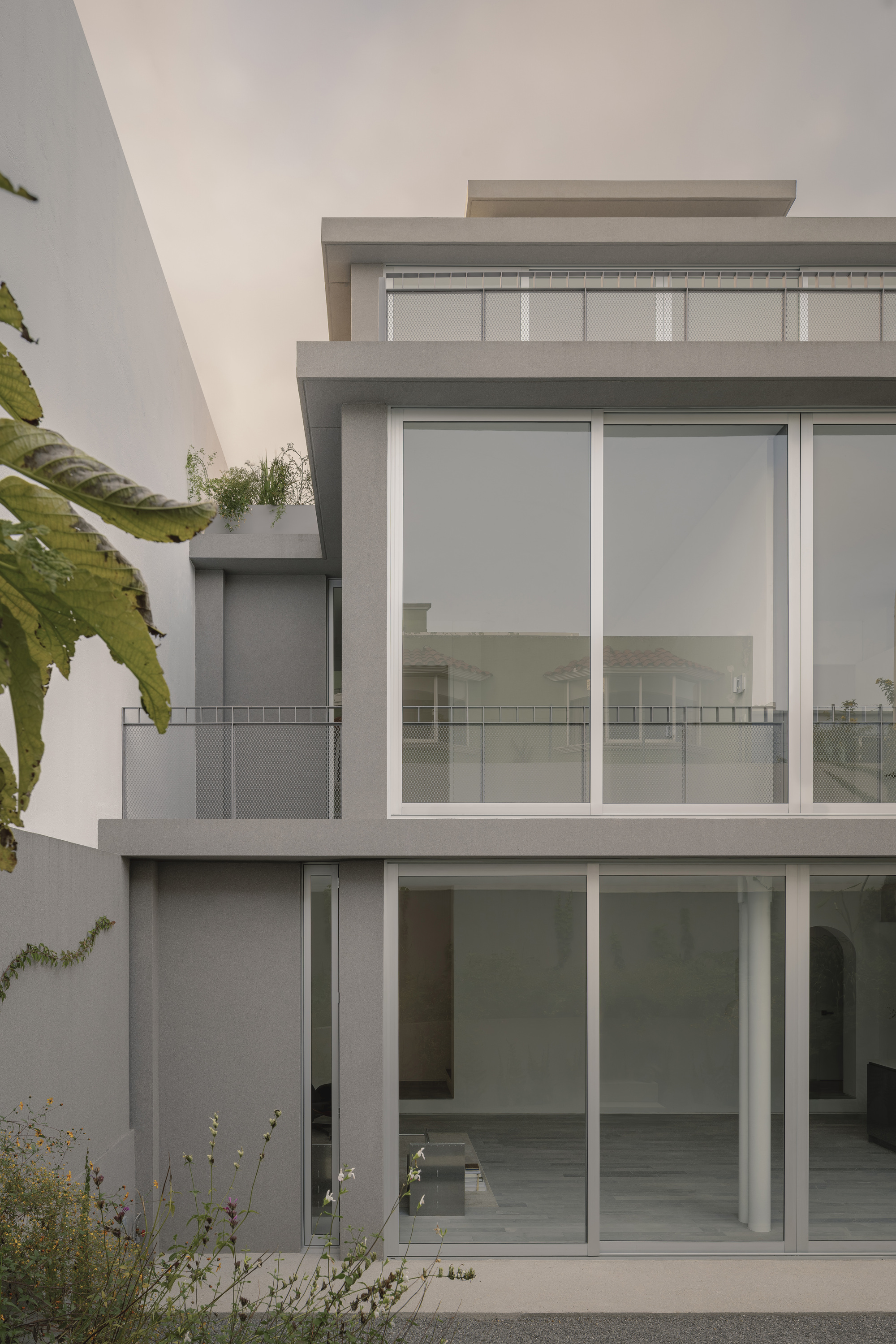 Rear elevation with sliding glass doors and planted roof terrace framed by palms and ferns