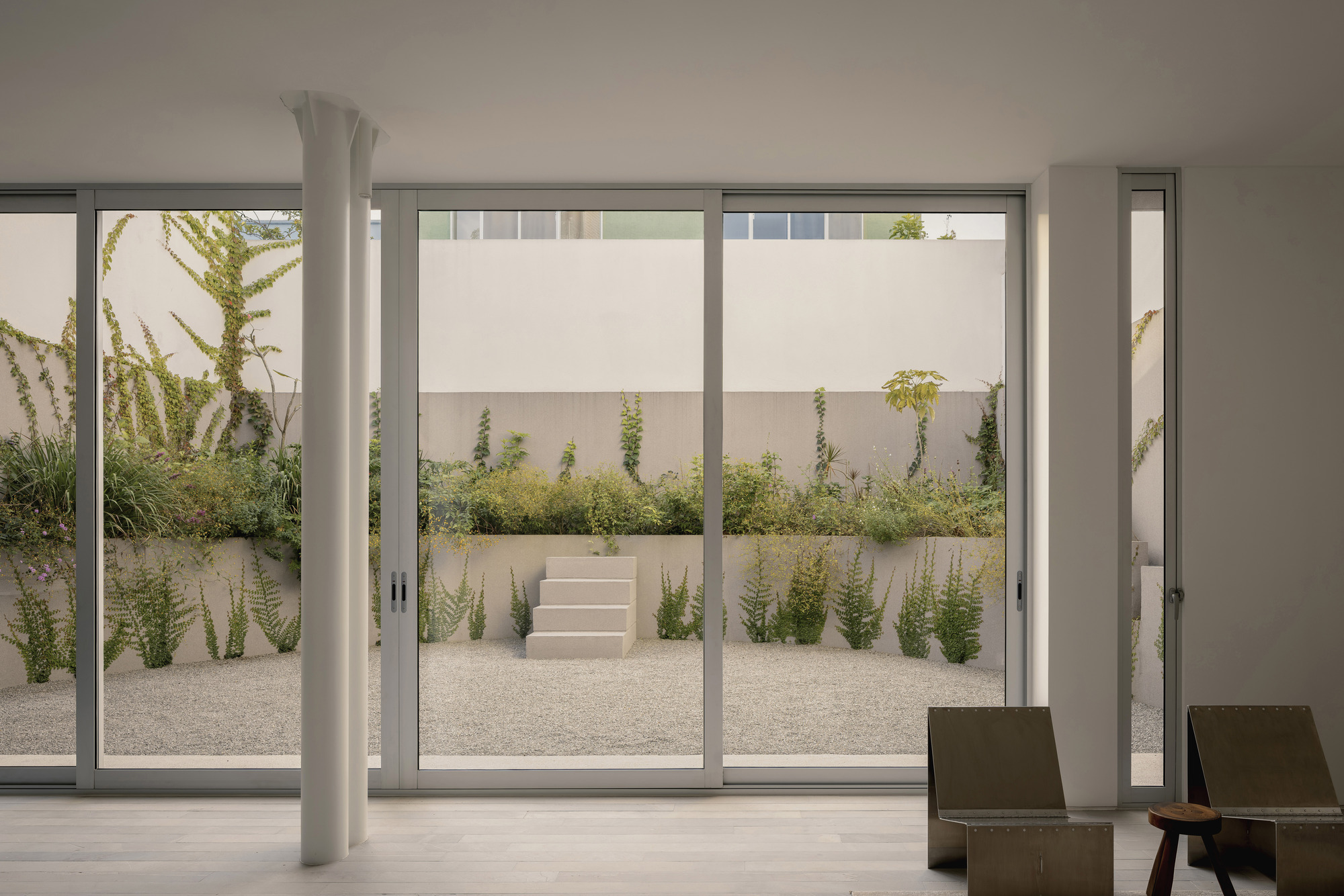 View from interior living space through glazed doors to courtyard with planted beds and steps