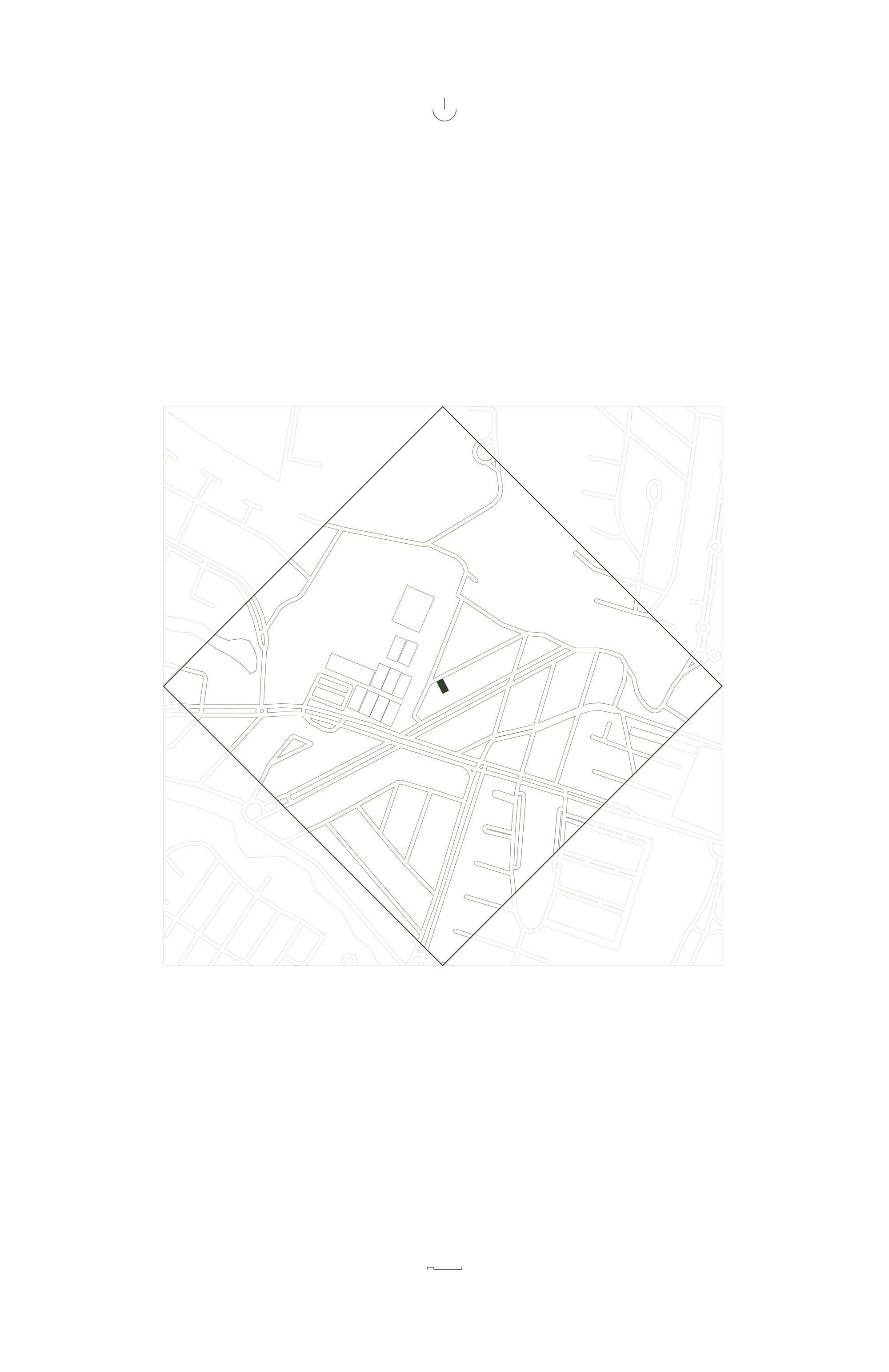 Site plan drawing showing building footprint rotated within a diagonal street grid with landscape elements