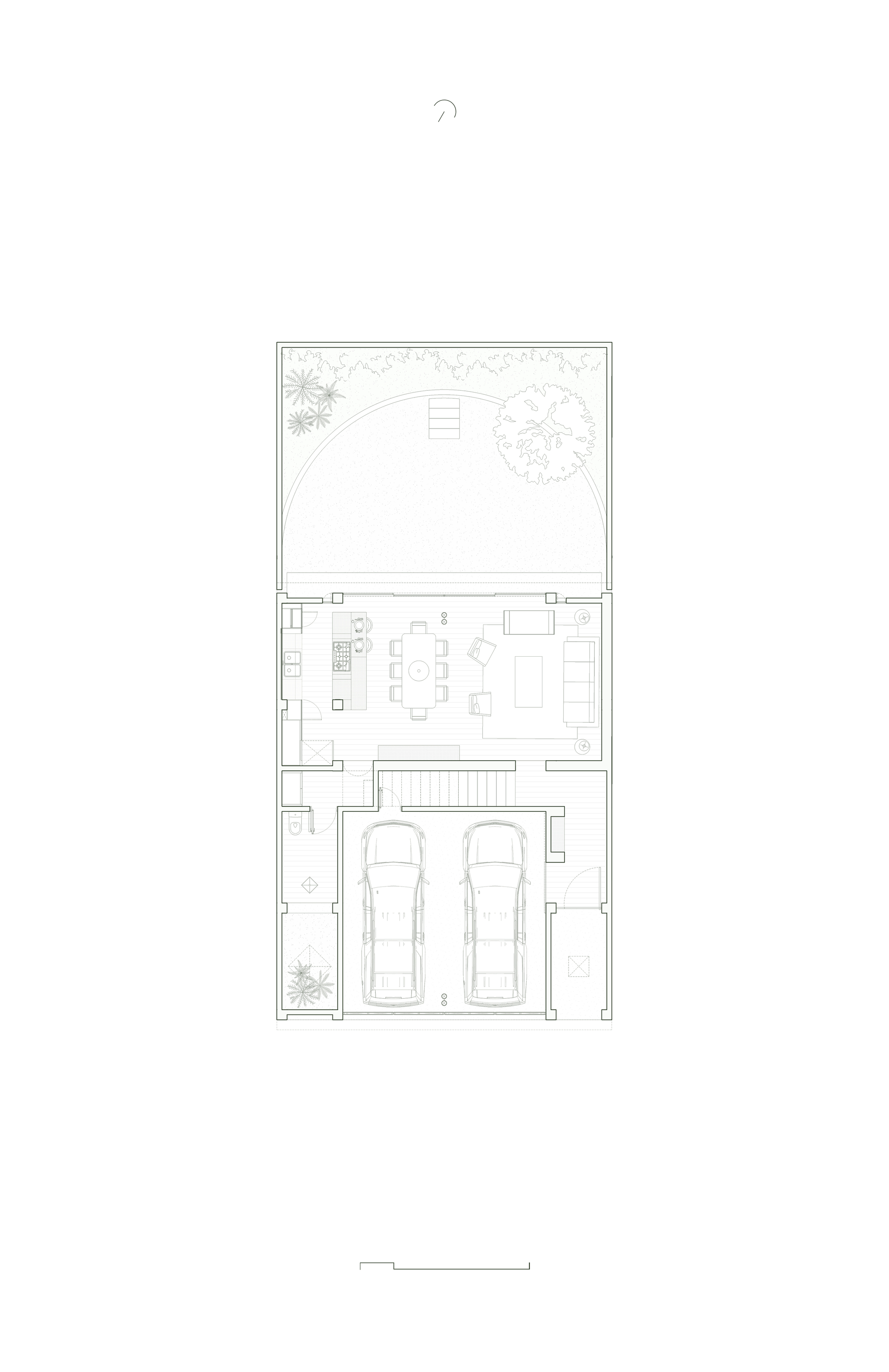 Ground floor plan drawing showing two-car garage and open living spaces with curved garden above