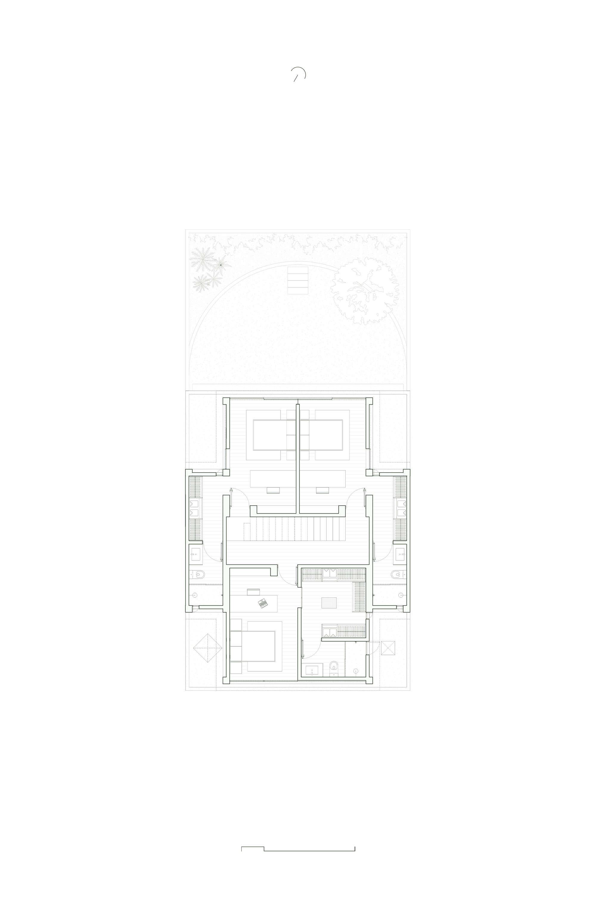 Upper floor plan drawing showing bedroom suites flanking a central staircase with roof terrace above