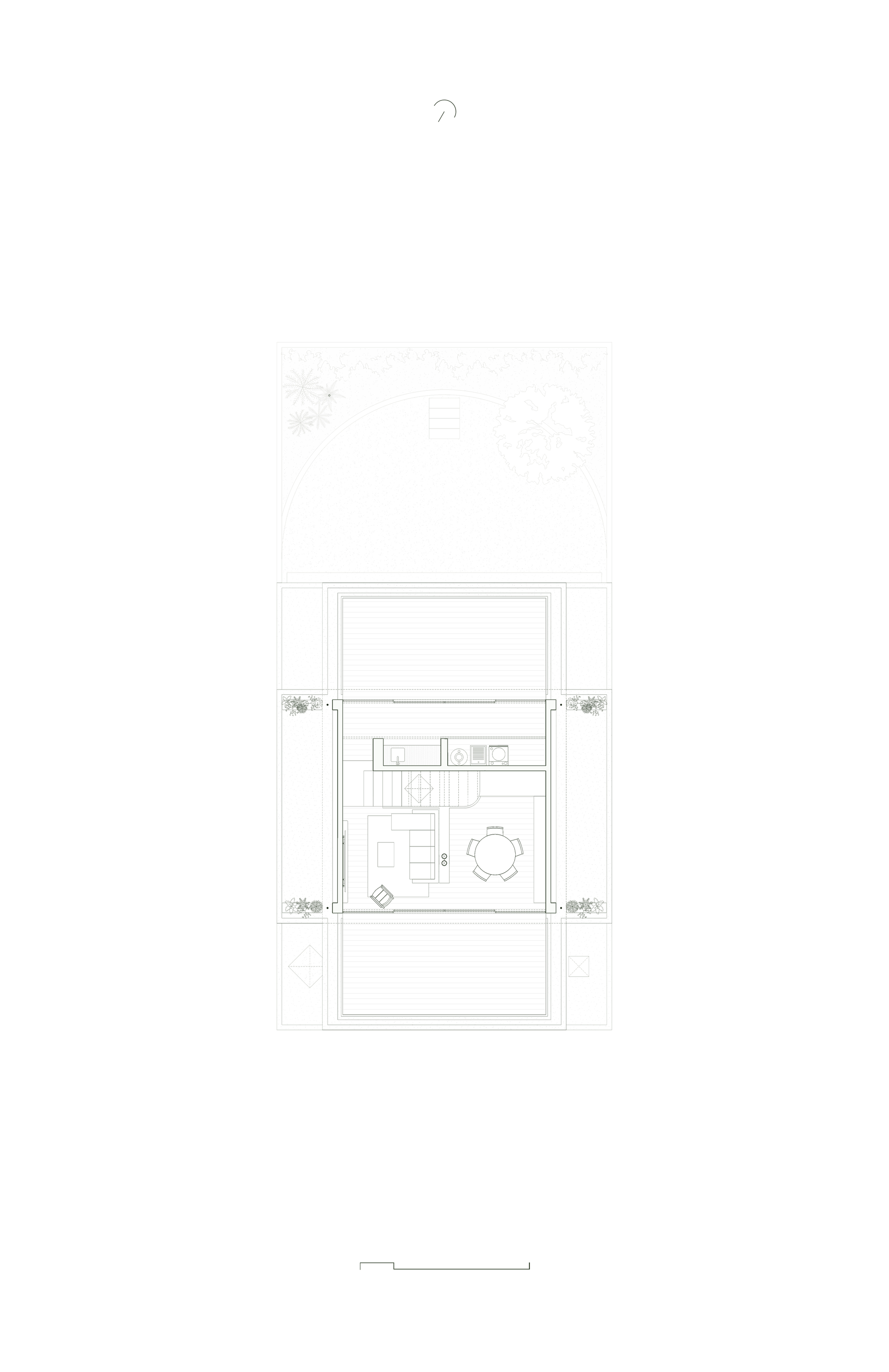 Mid-level floor plan drawing showing open dining area with kitchen and outdoor terraces on both sides