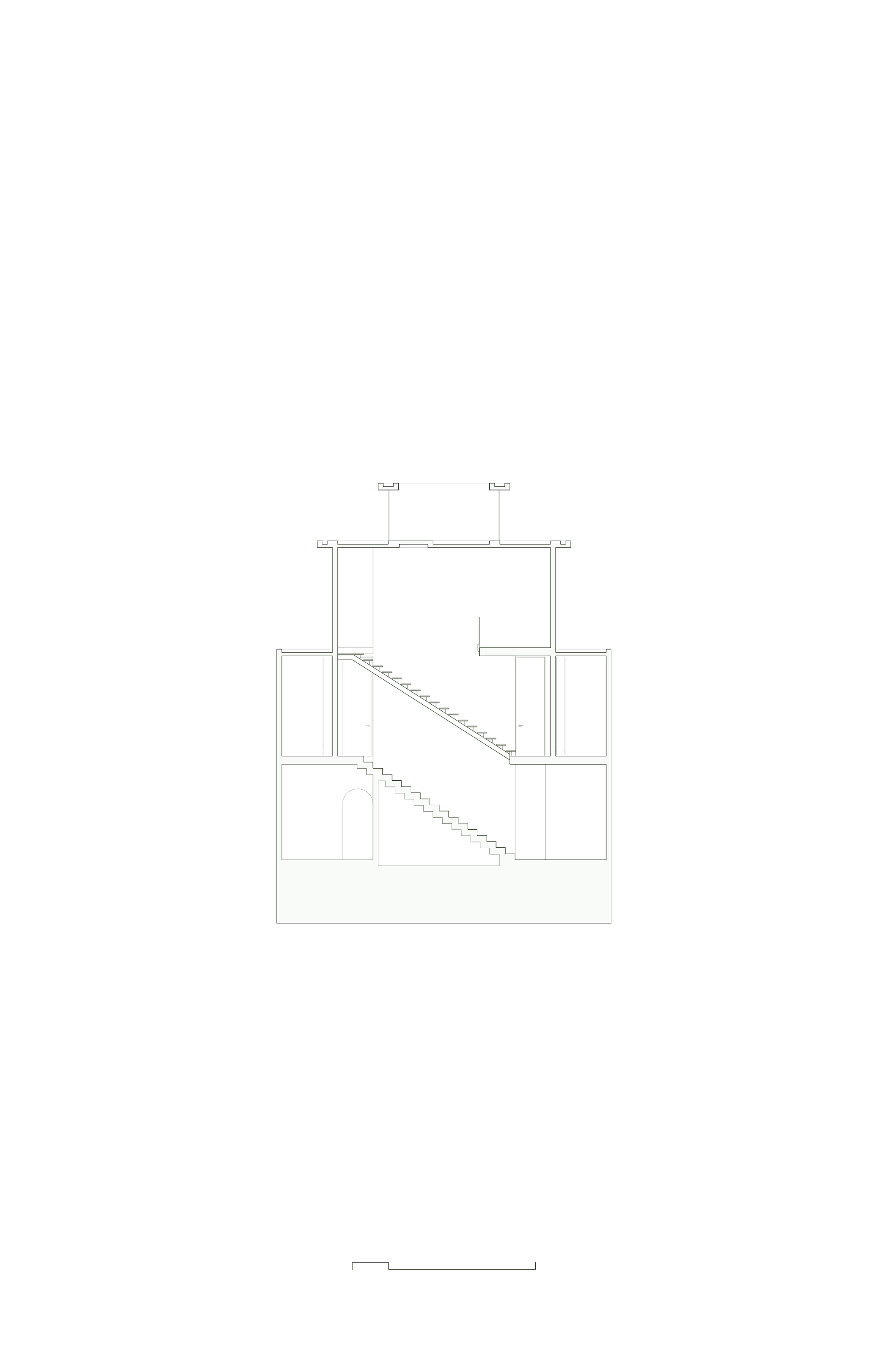 Section drawing showing three-story residence with diagonal staircase connecting stacked volumes