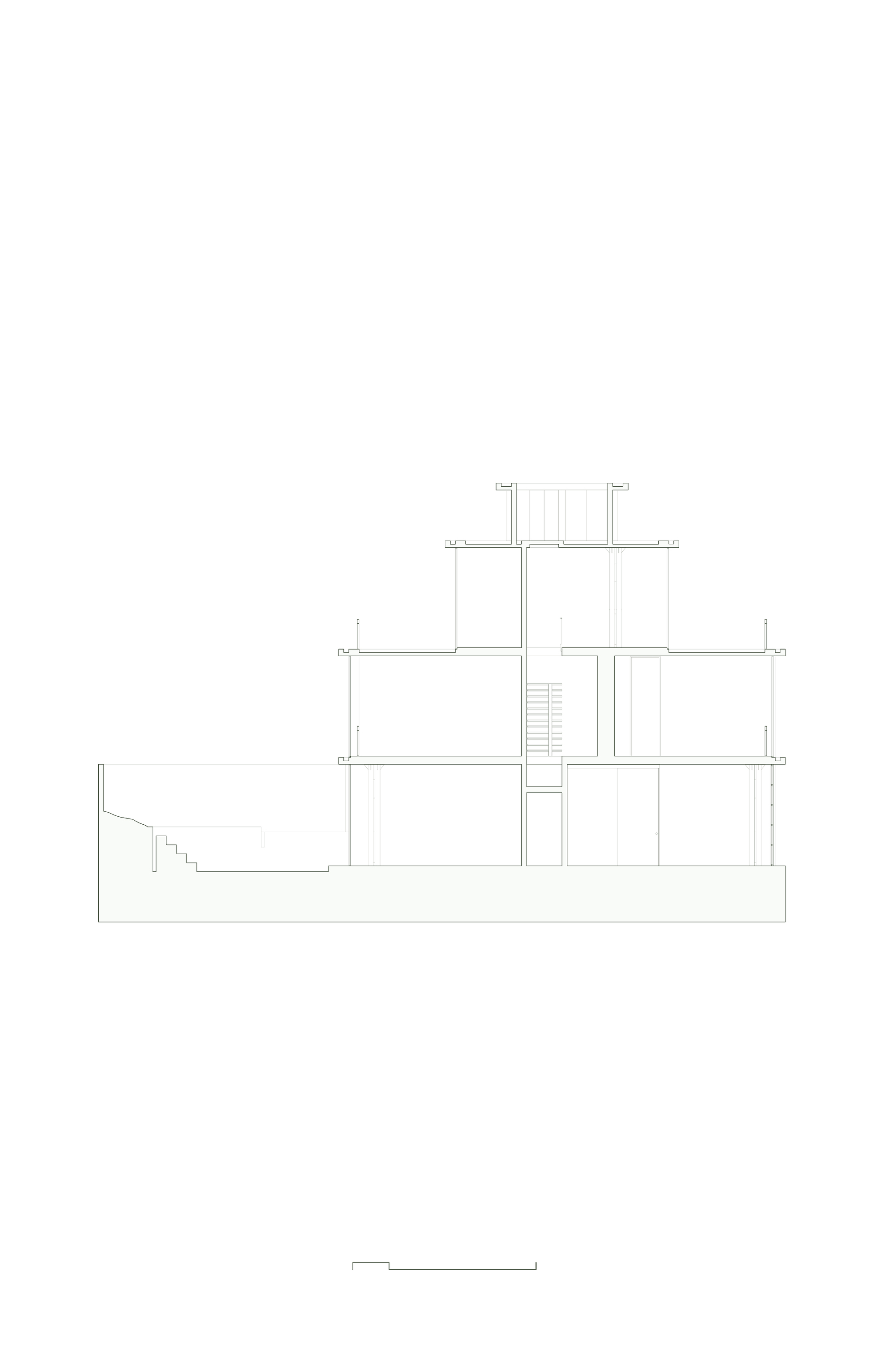 Section drawing showing a four-storey structure with central staircase and sloping ground condition