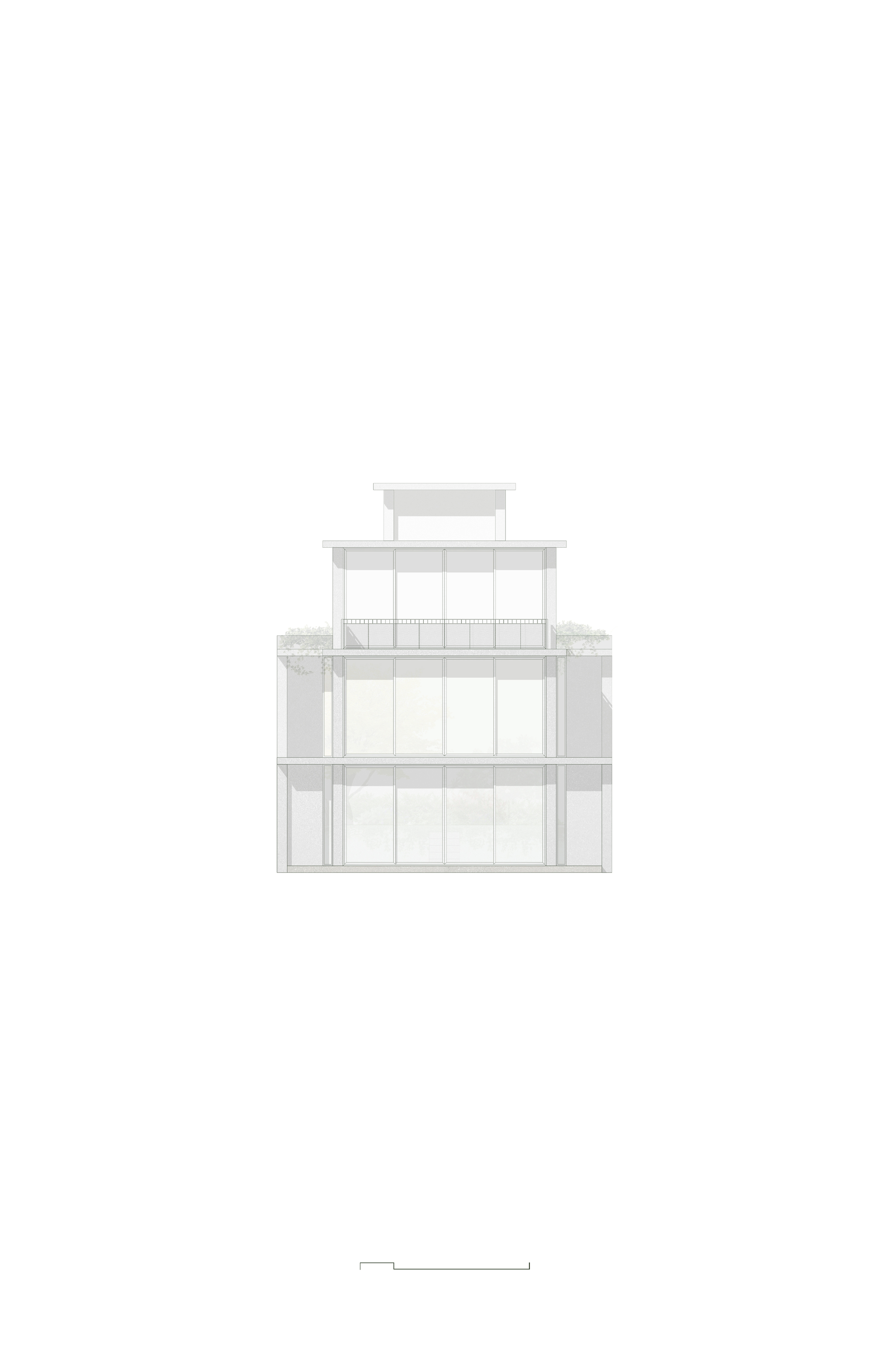Elevation drawing showing a symmetrical facade with setback upper levels and vertical glazing