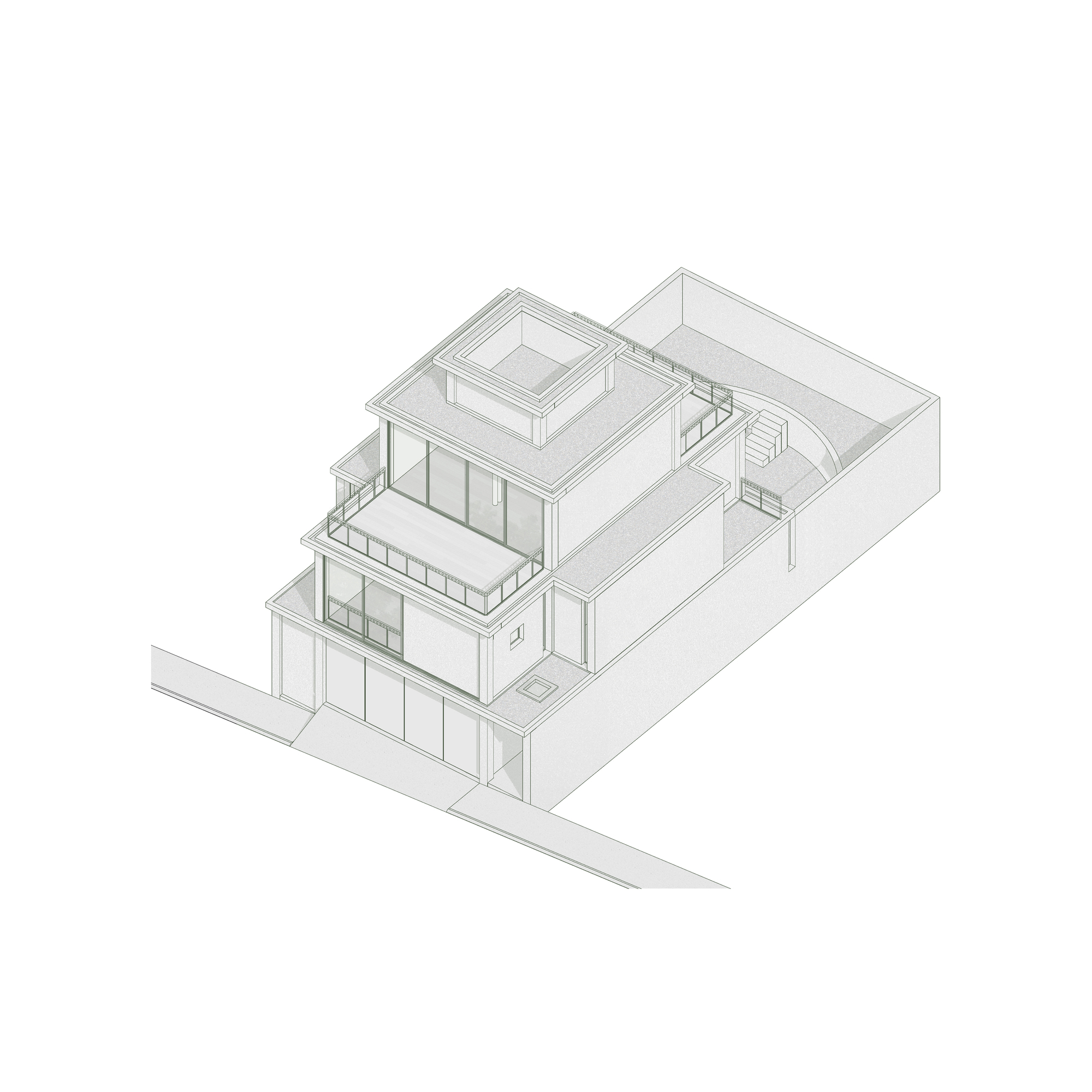 Axonometric drawing revealing stacked volumes with rooftop terraces and open corner balconies