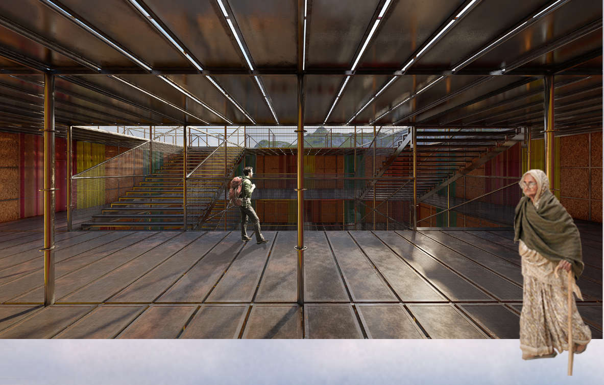 Interior rendering of a timber deck platform with scaffolding columns, linear ceiling lights and two figures