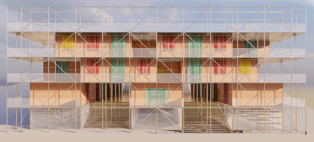 Elevation rendering showing the scaffolding framework with colored fabric panels and timber entrance stairs