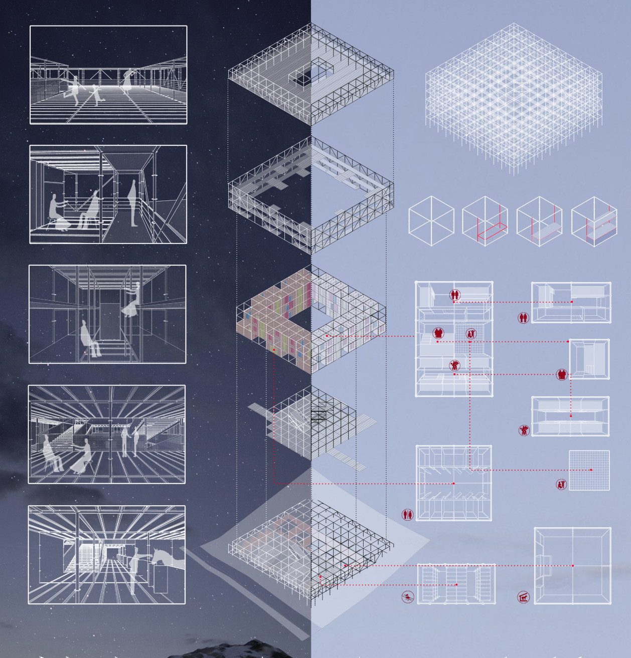 Diagram board displaying axonometric assembly sequence and floor plans with perspective interior views on the left