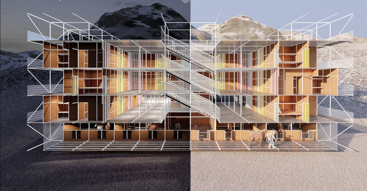 Section rendering cut through the scaffolding structure revealing timber floor levels and colored fabric screens