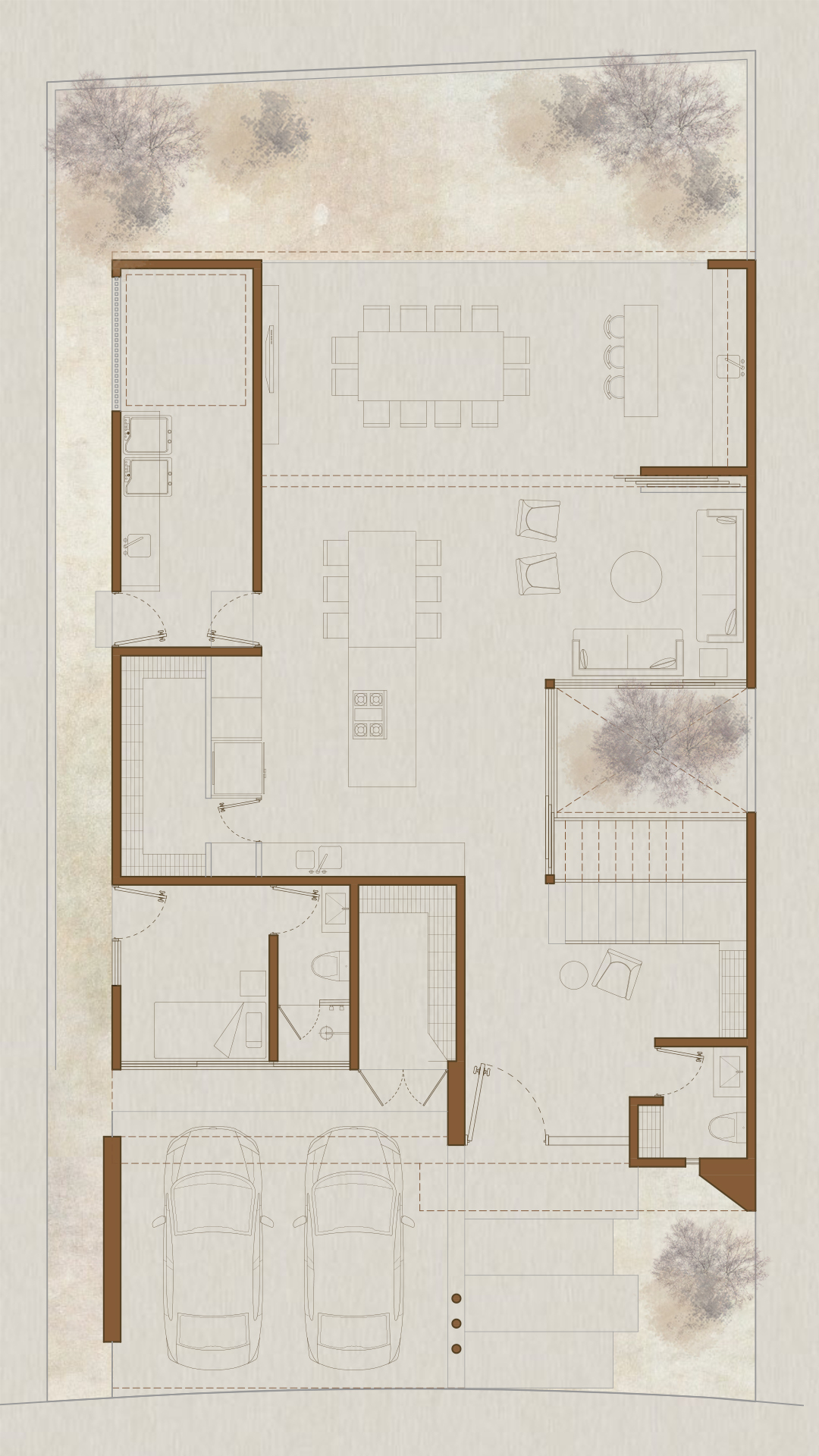 Ground floor plan drawing showing garage, living areas, and interior courtyard with trees