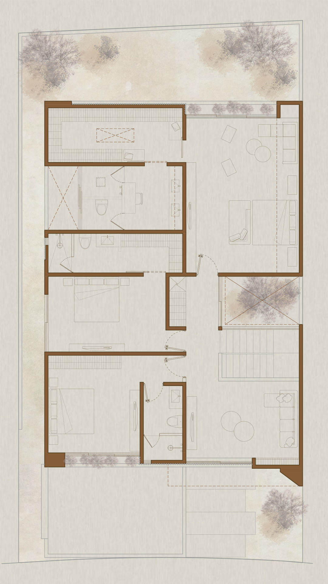 Upper floor plan drawing showing bedroom suites and terrace with central stairwell opening
