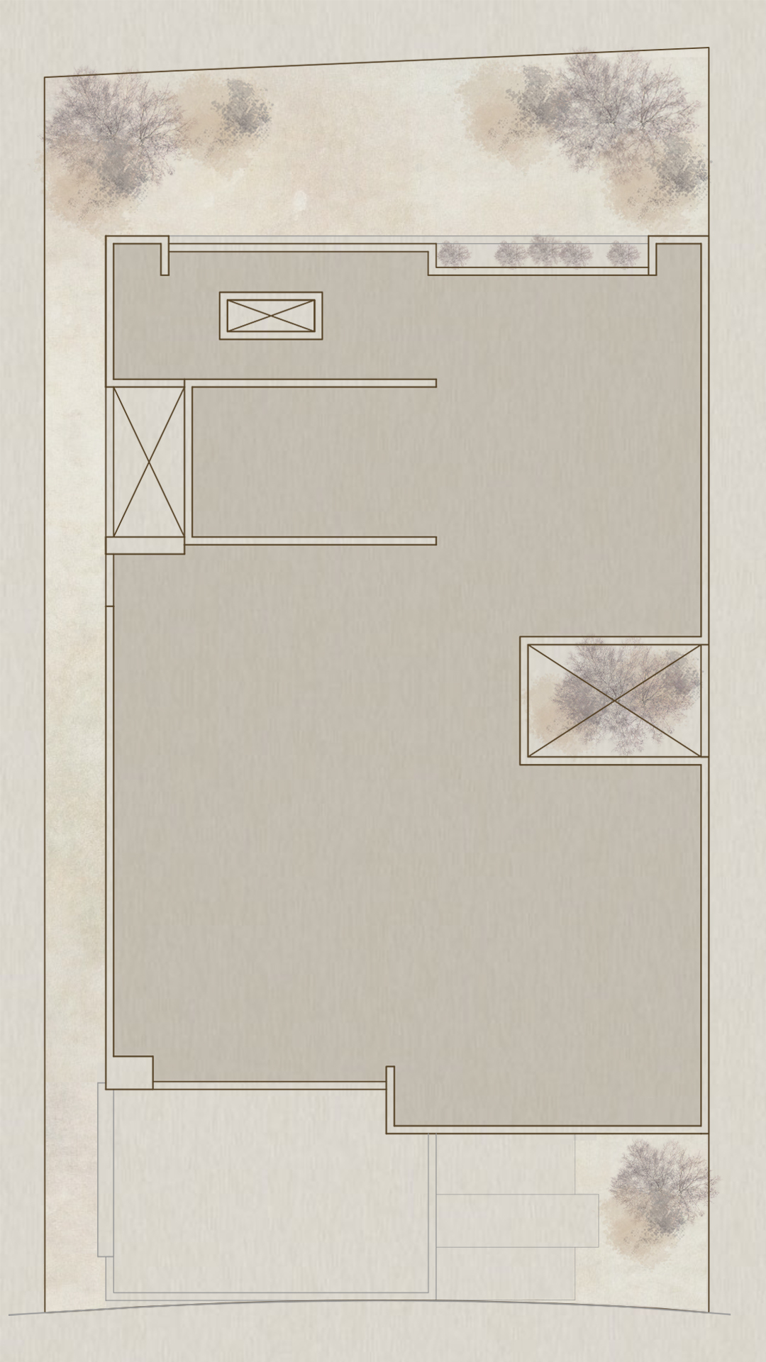 Roof plan drawing showing terrace areas and planted courtyard openings