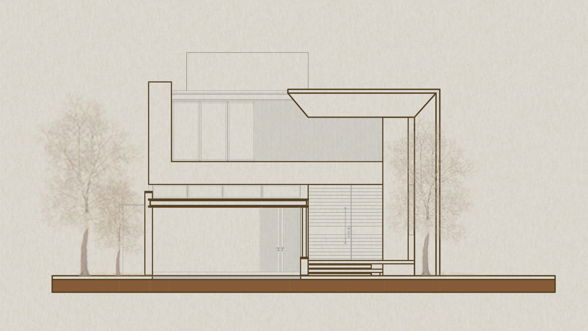 Elevation drawing showing two-story residence with horizontal slatted screening and flanking trees