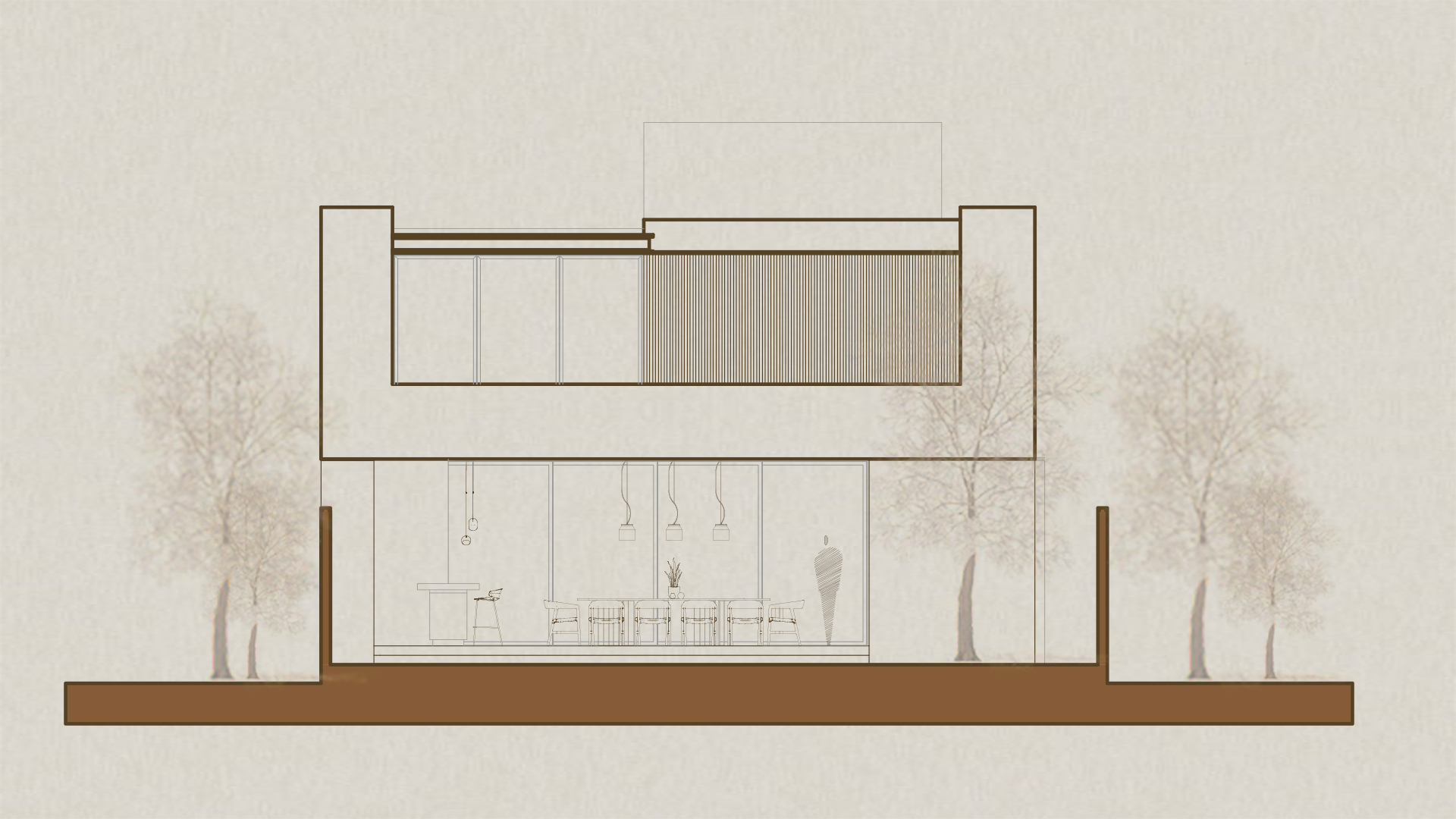 Elevation drawing depicting glazed ground floor with pendant lights and upper volume with vertical louvers