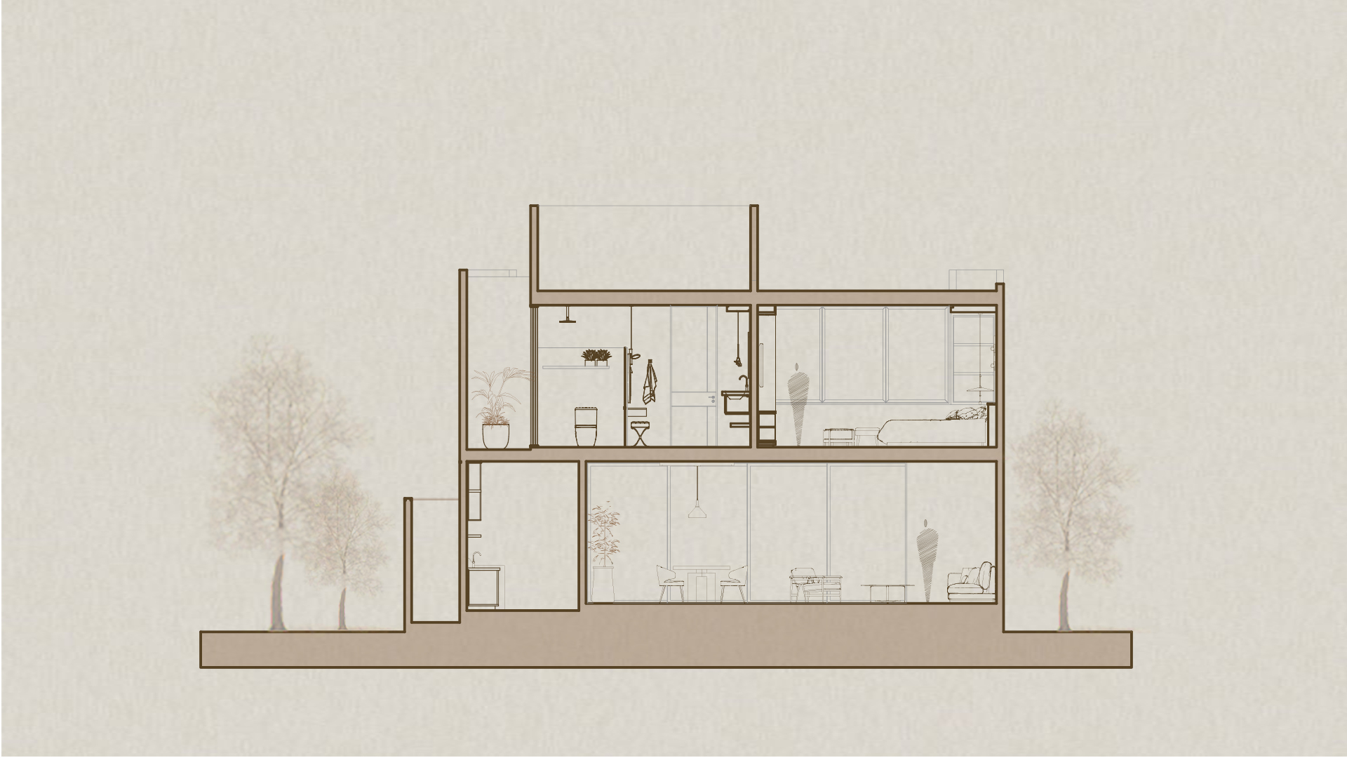 Section drawing revealing two-level interior spaces with furniture and human figures among surrounding trees