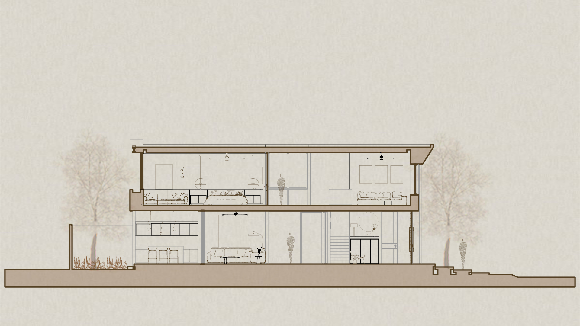 Section drawing showing open-plan living areas across two floors with kitchen and planted terrace