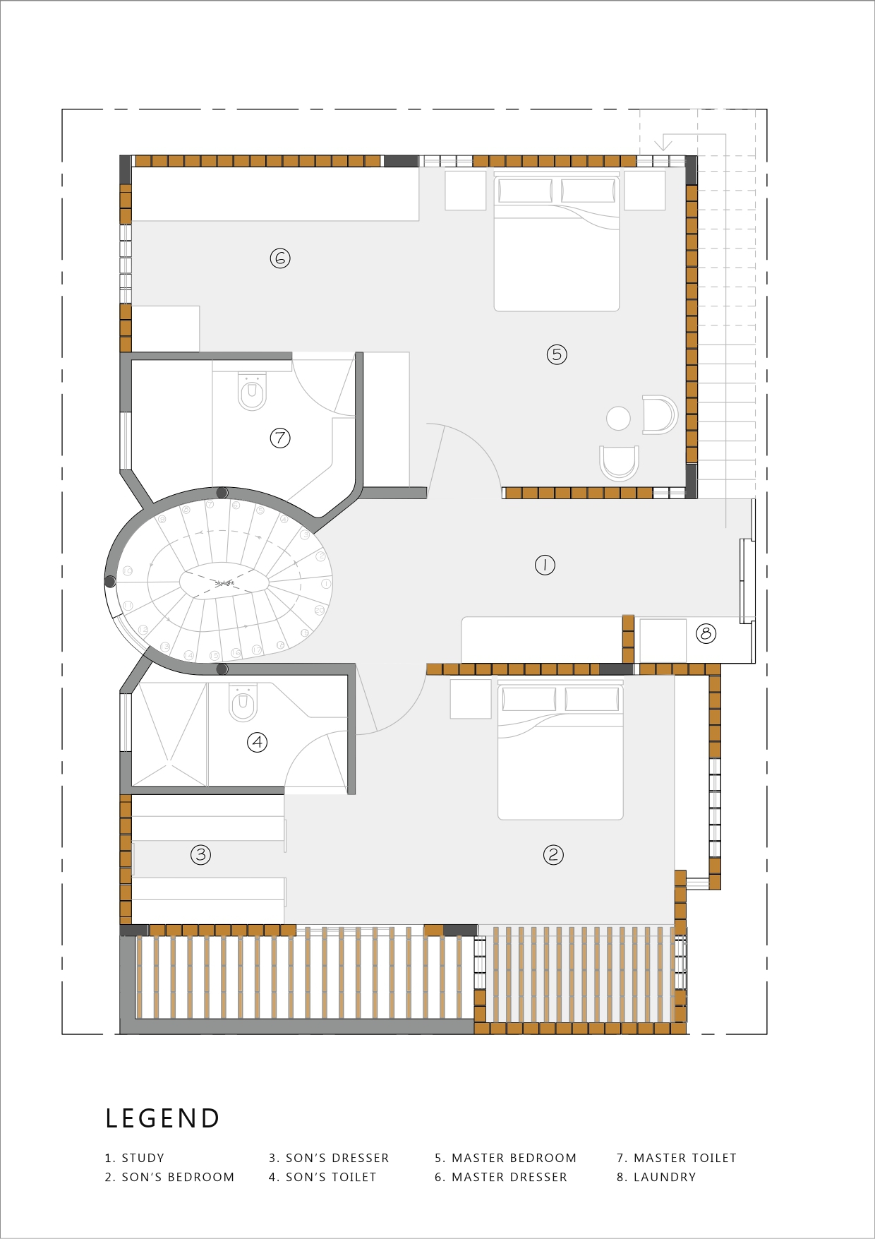 Upper floor plan featuring bedrooms arranged around a central spiral staircase with balcony access