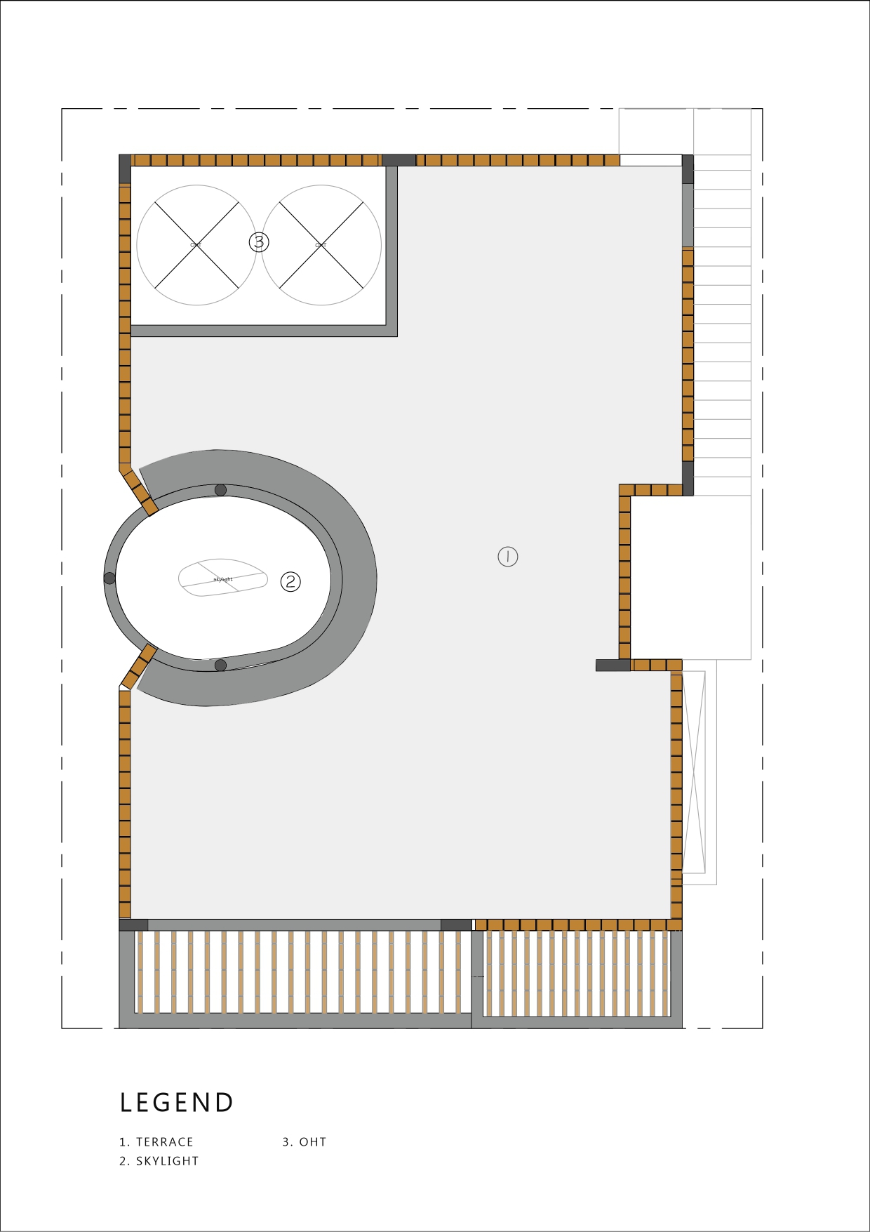 Terrace level plan showing a curved skylight opening and open deck space with slatted railings