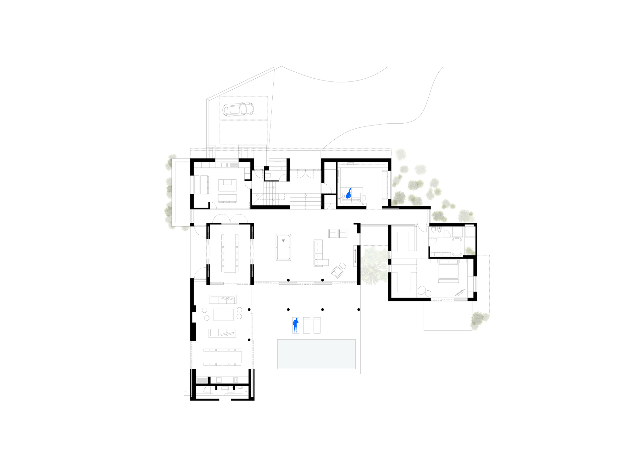 Floor plan drawing showing open living spaces, bedrooms and a pool terrace with trees at the perimeter