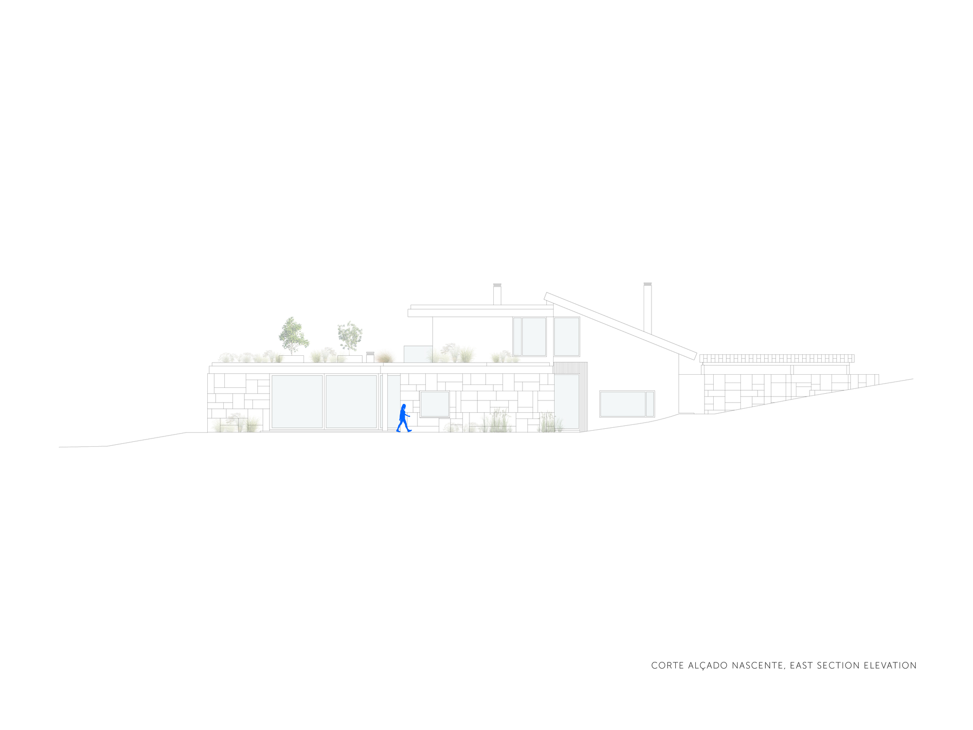 East section elevation drawing depicting the sloped roof, terraced levels and a figure walking along the entrance