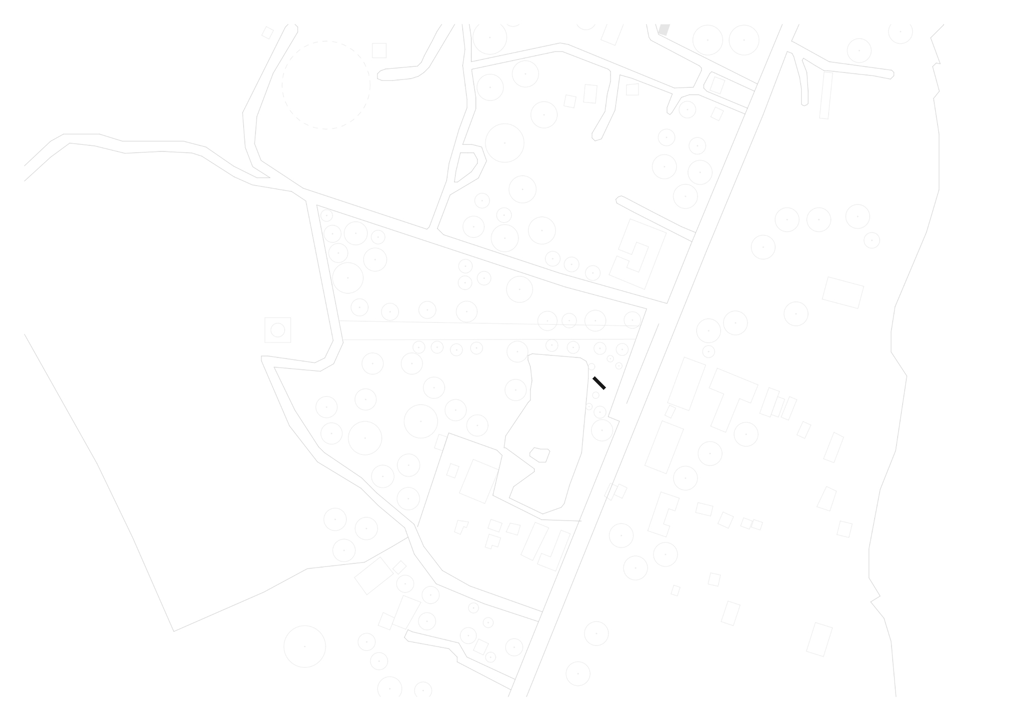 Site plan drawing showing the linear structure positioned within surrounding topography and pathways